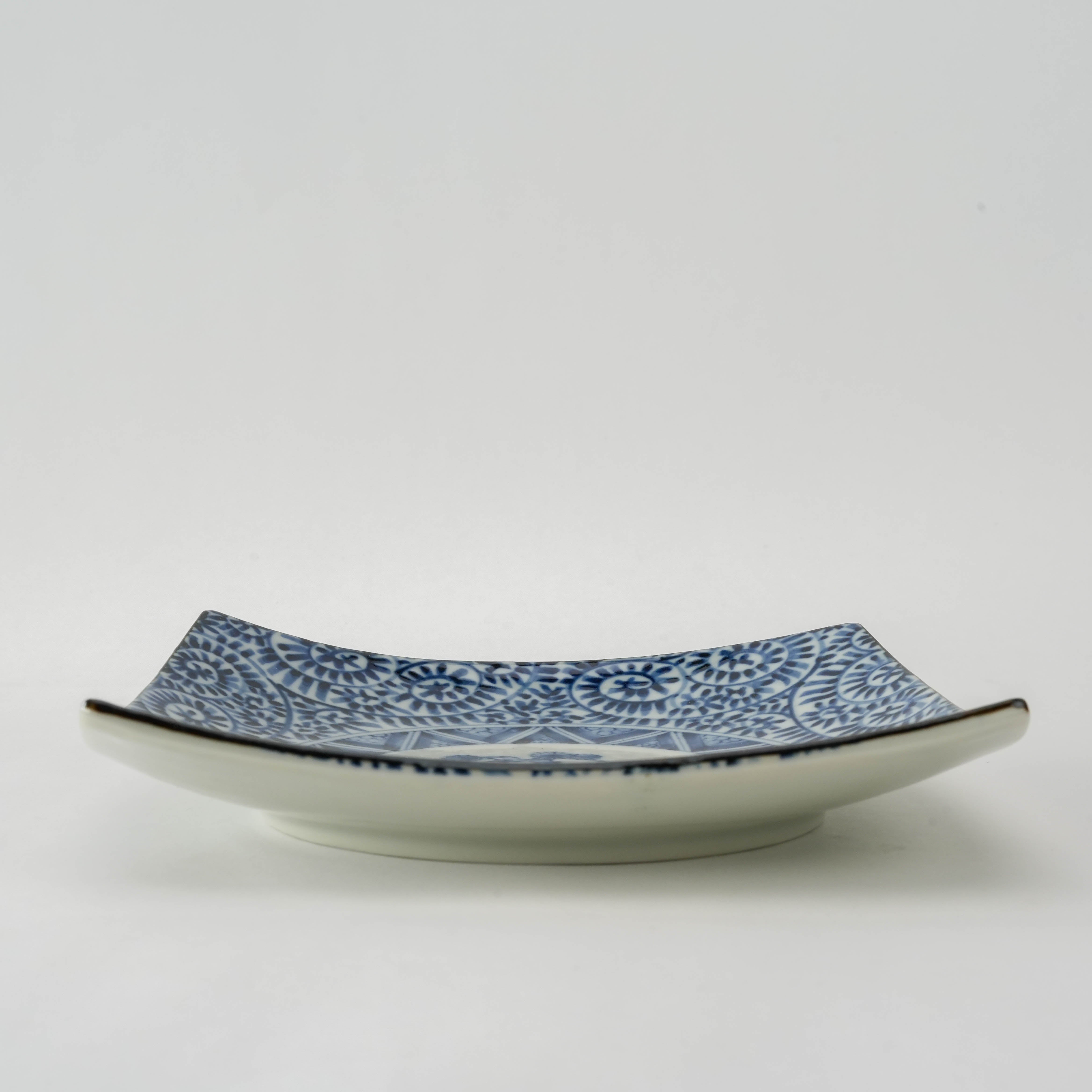 Side view of Mino Ware Square Plate - Tako Karakusa Japanese Plate showing its gently curved edges and elegant ceramic craftsmanship.