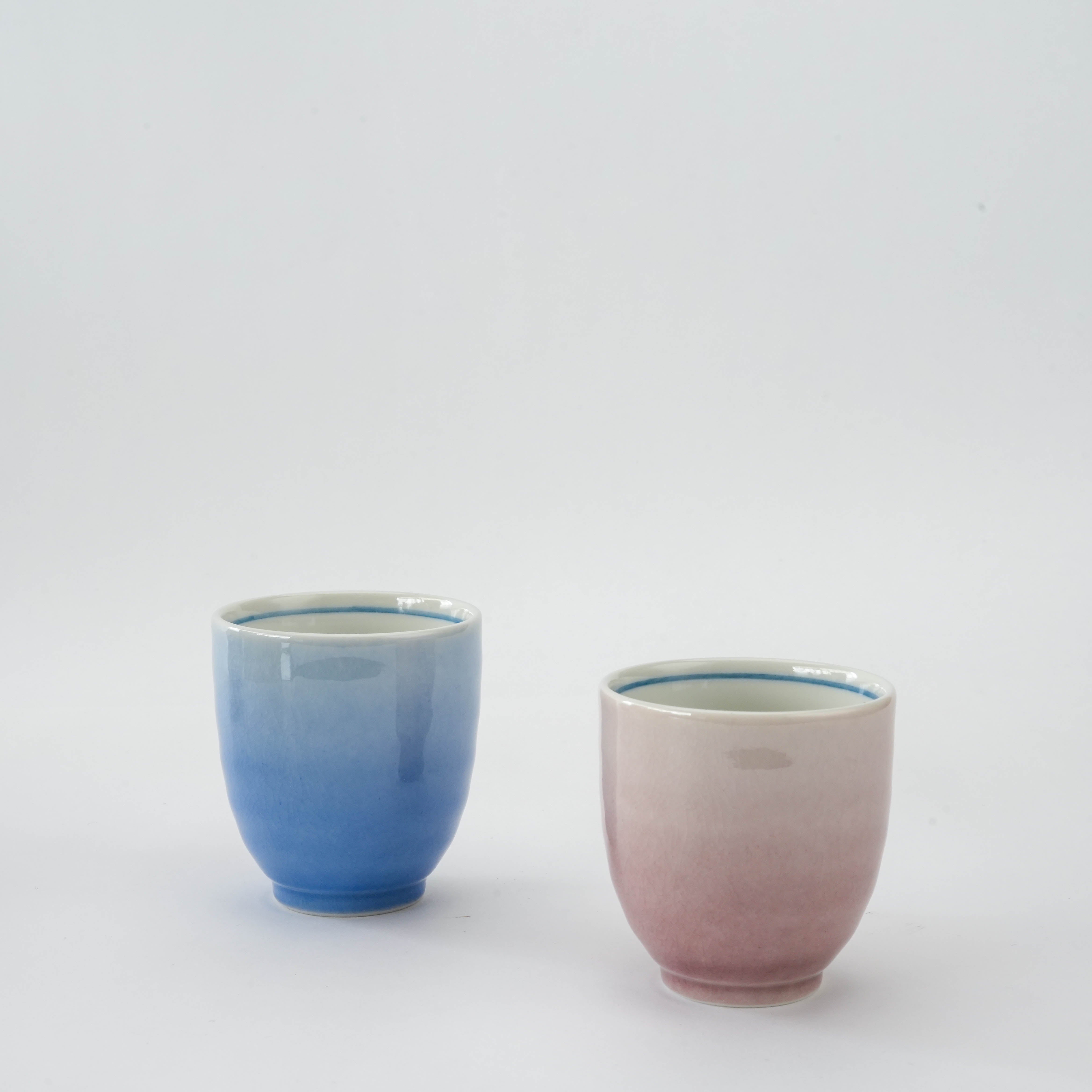 Kutani Ware Dinner Set - Blue Pink Porcelain | Kutani Craft tea cups in matching blue and pink gradient glaze, perfect for traditional Japanese tea service.