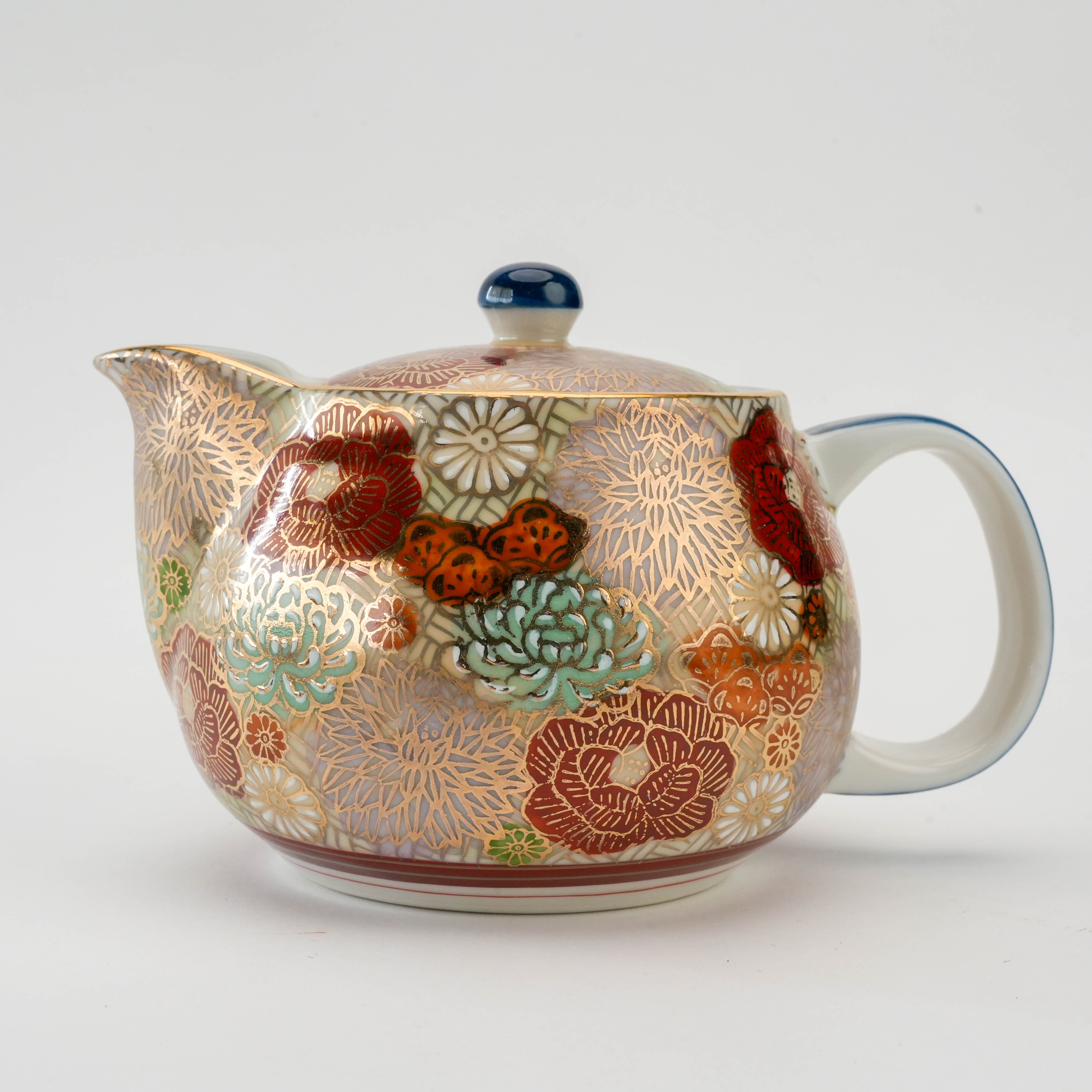Kutani Teapot - Floral Harmony 360ml with vivid hand-painted flowers and smooth spout, perfect for refined tea presentation.