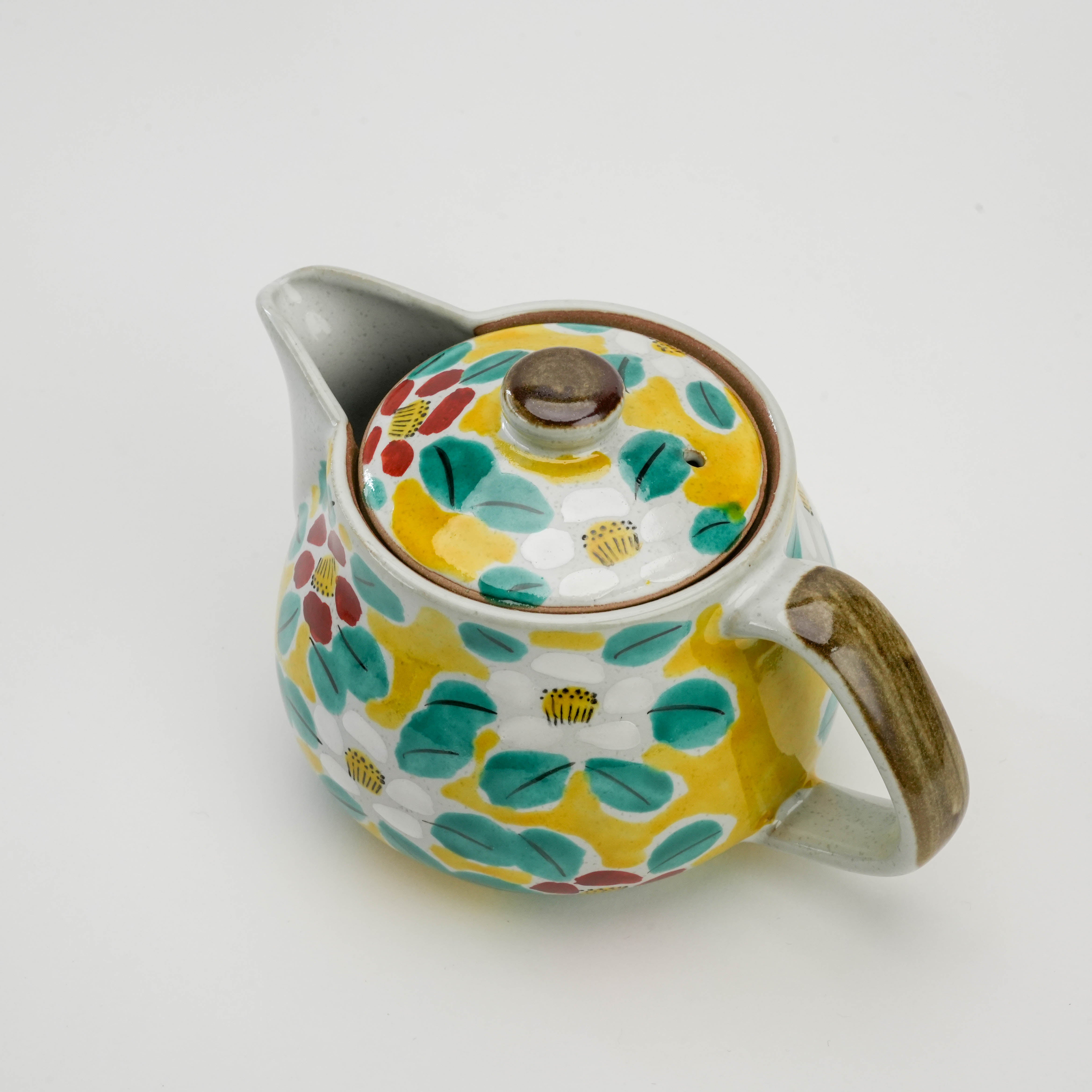 Top view of Kutani Ware Teapot - Yellow Blossom showing detailed floral lid and wide opening. Traditional Japanese craftsmanship in 360ml size.