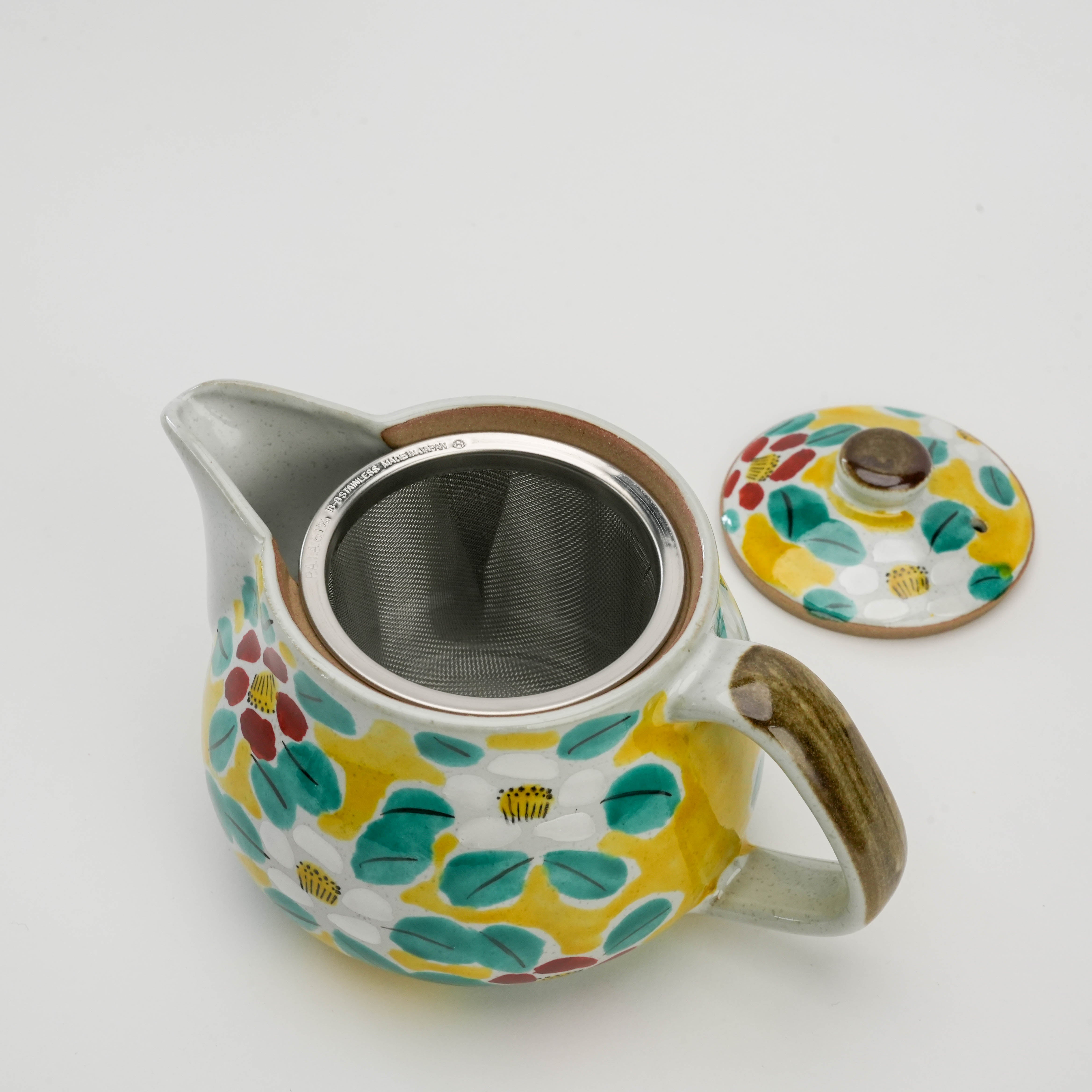 Kutani Ware Teapot - Yellow Blossom with lid removed, revealing built-in stainless steel infuser. Functional and decorative 360ml teapot.