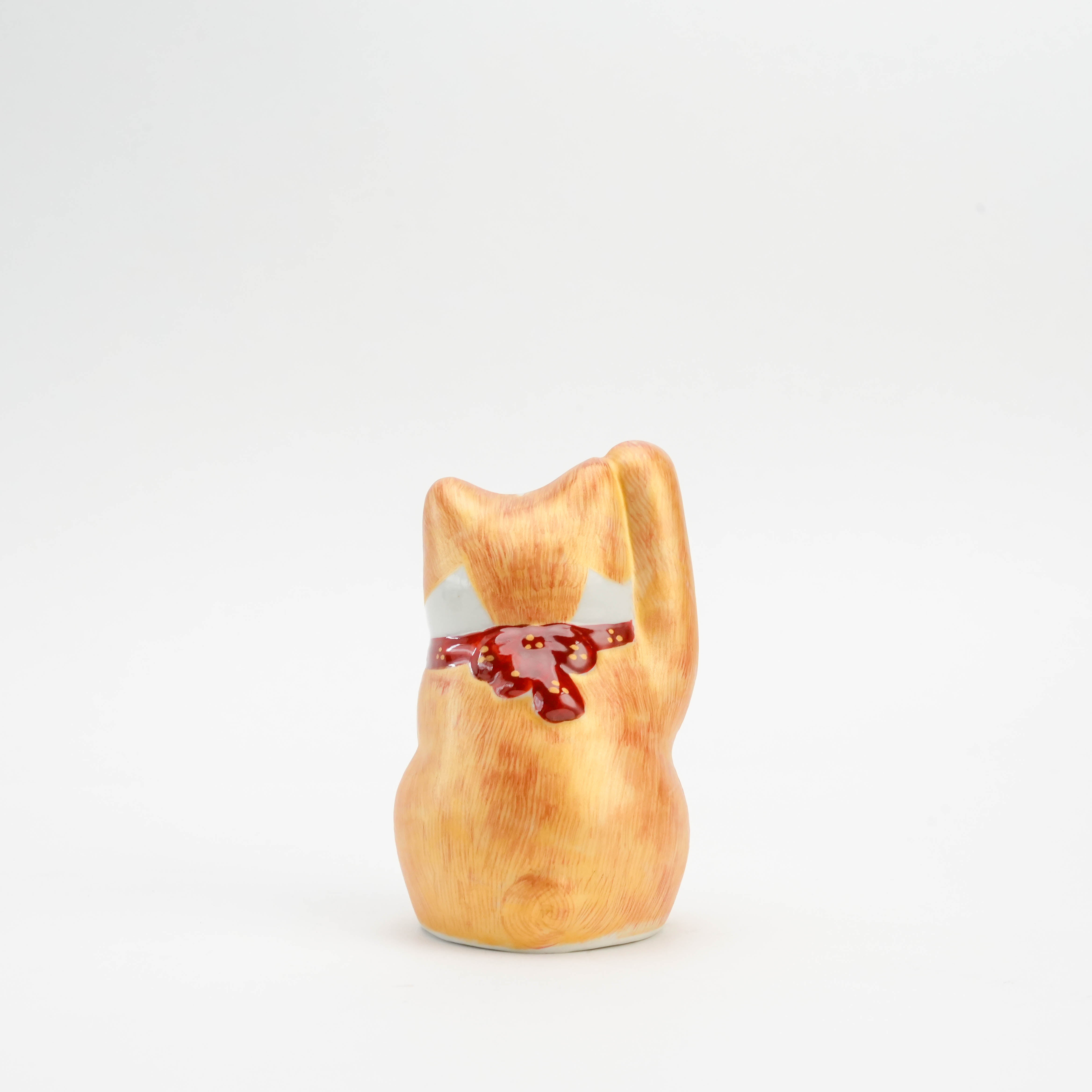 Back view of Kutani Ware Cat Ornament showing detailed hand-painted fur and red collar with gold accents. Elegant figurine for home and garden decor.