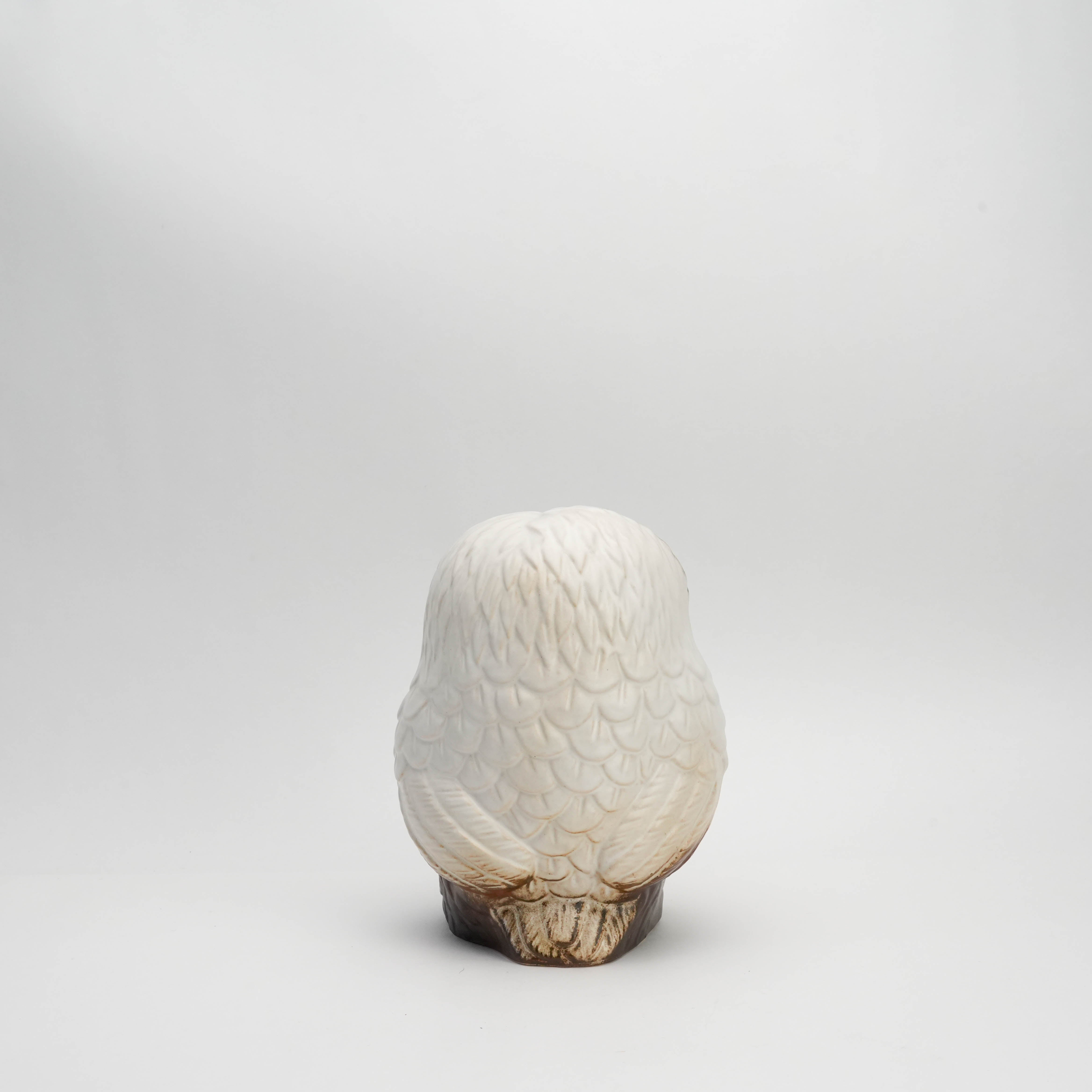 Back view of large Shigaraki Ware white owl ornament showing intricate feather detailing and smooth ceramic finish for seasonal decoration.