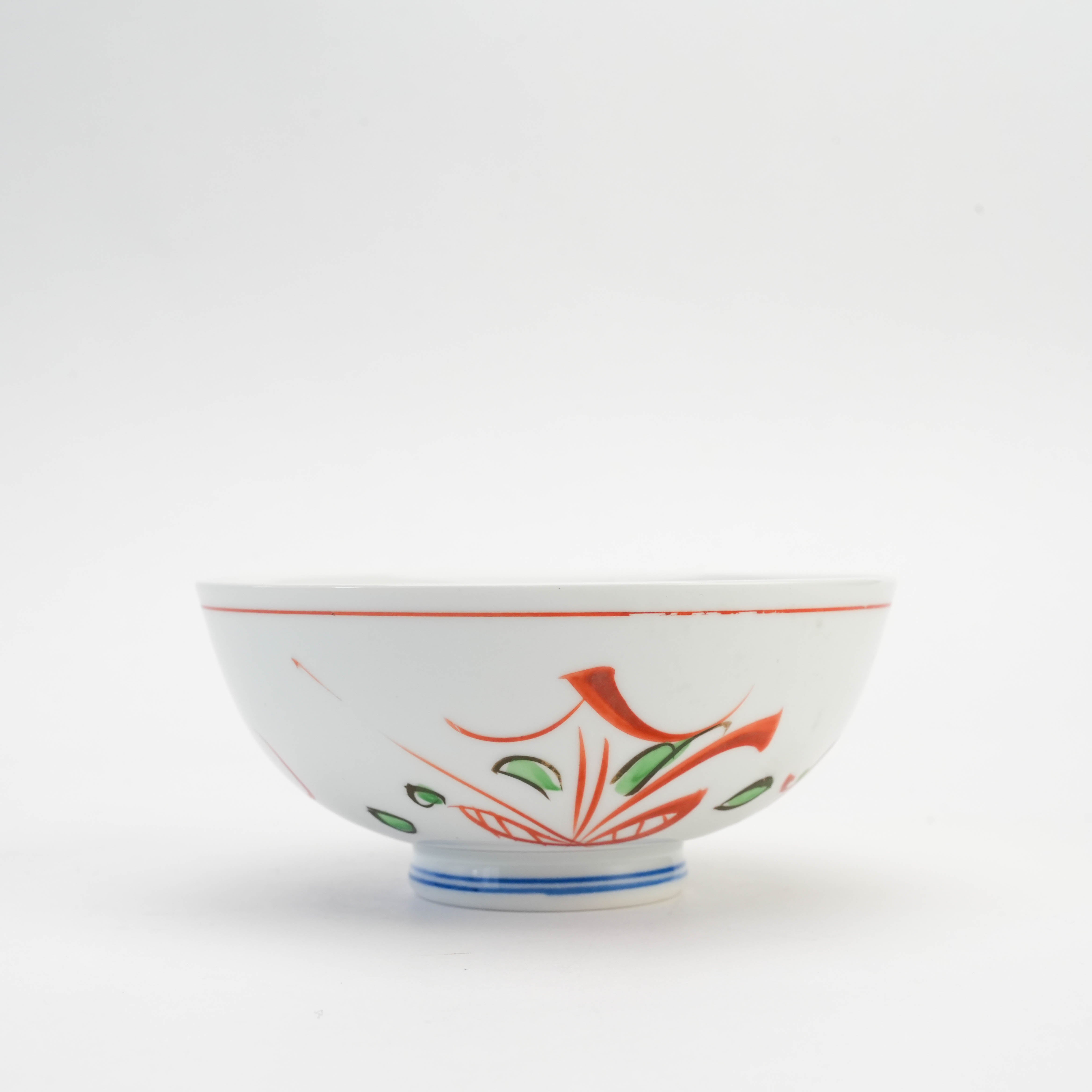 Side profile of Mino Ware Kyo-Kohana Bowl - Japanese Bowl | Kyoto Design, featuring hand-painted floral patterns and a blue-striped base.