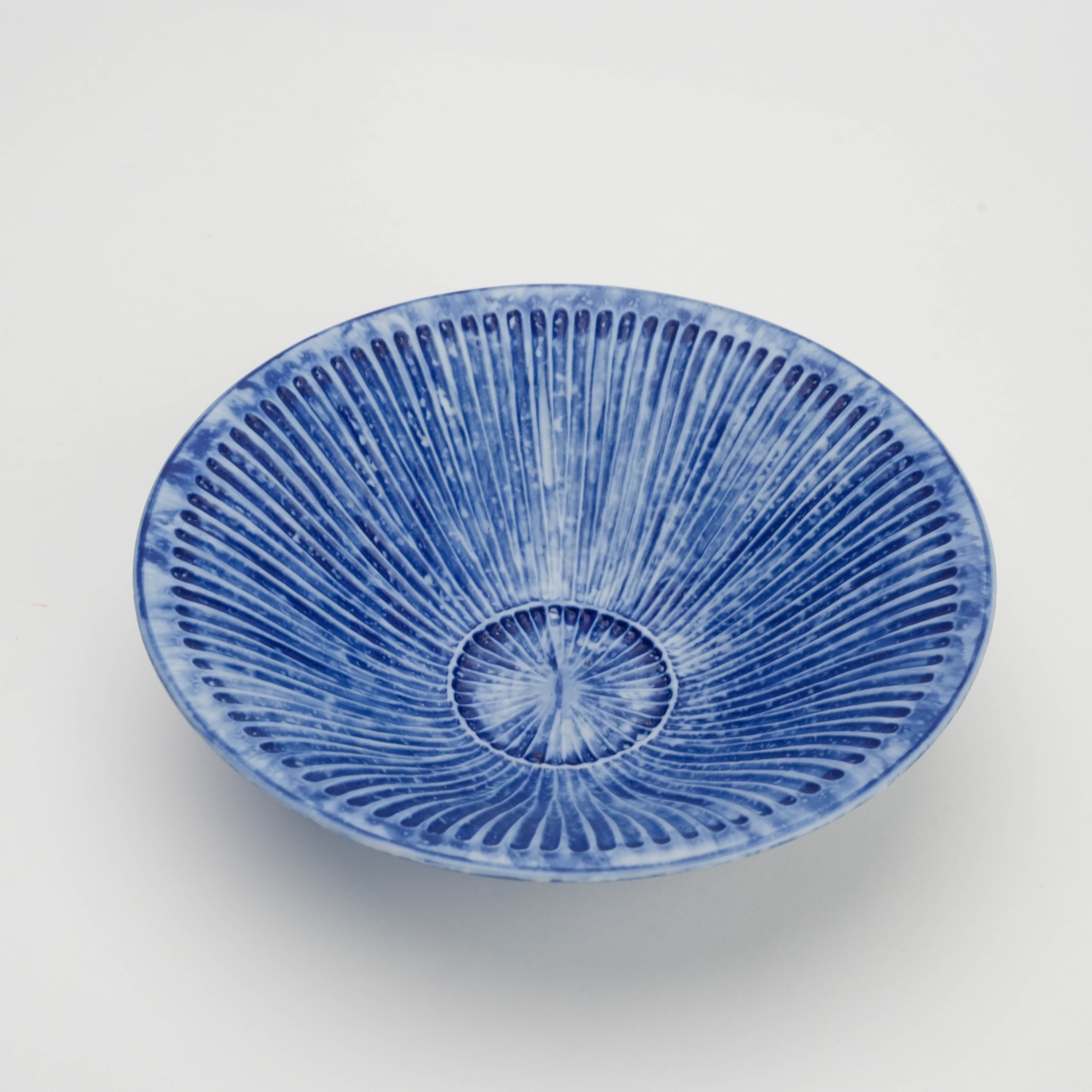 Top view of Mino Ware Indigo Bowl - Japanese Bowl | Handmade Shinogi showcasing intricate fluted pattern and glossy blue glaze.