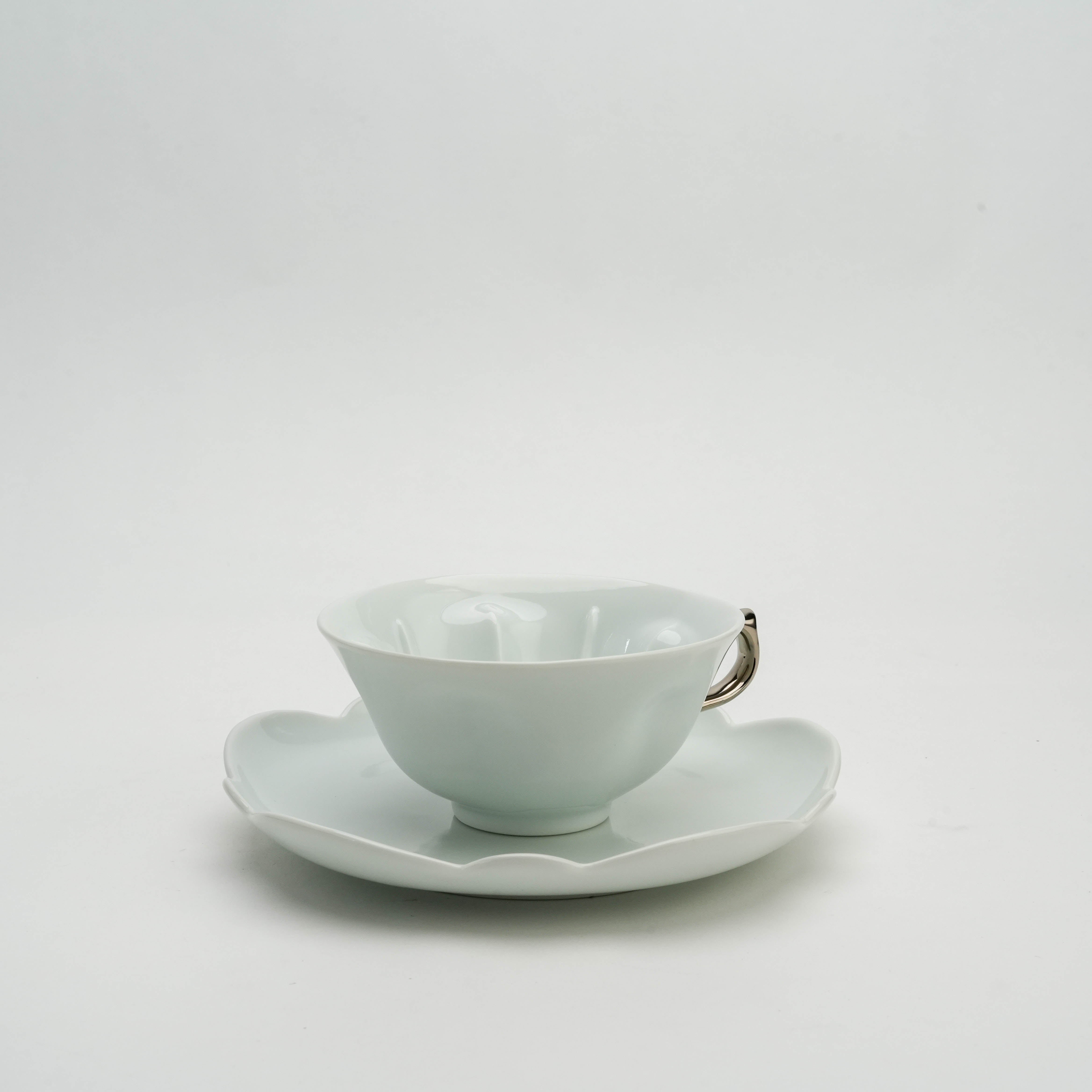 Arita Ware White Porcelain Sakura Teacup & Saucer with Platinum Handle