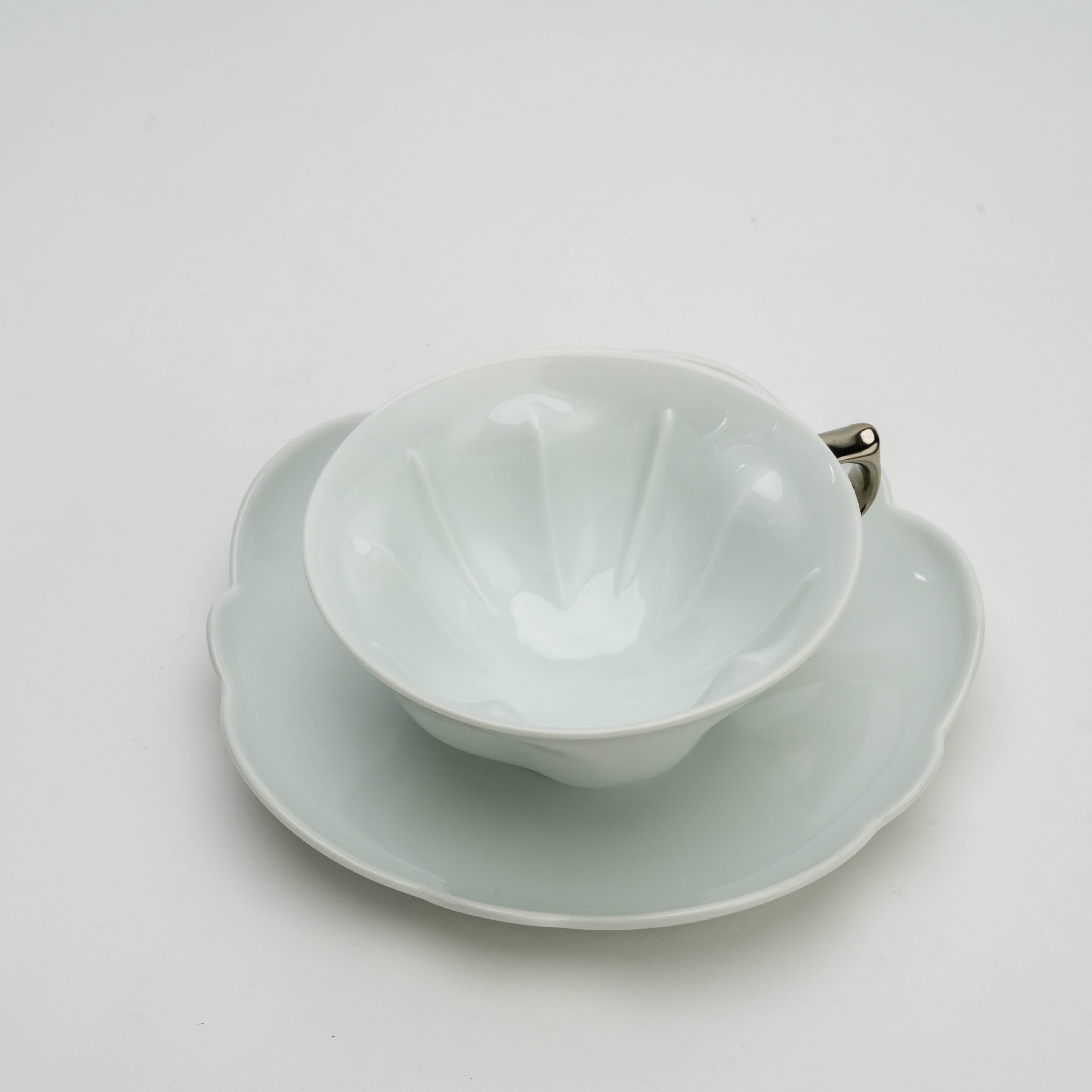 Arita Ware White Porcelain Sakura Teacup & Saucer with Platinum Handle