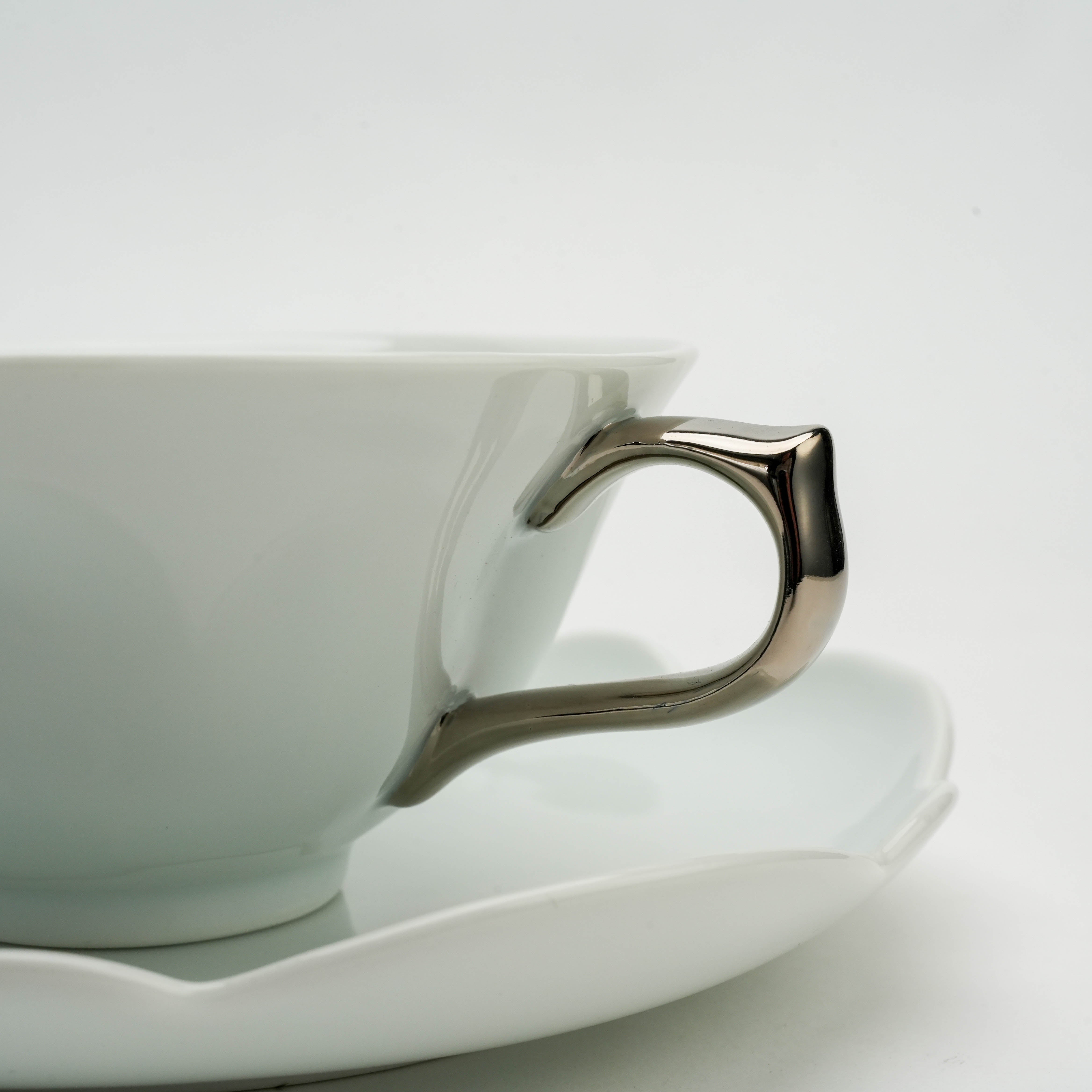Arita Ware White Porcelain Sakura Teacup & Saucer with Platinum Handle