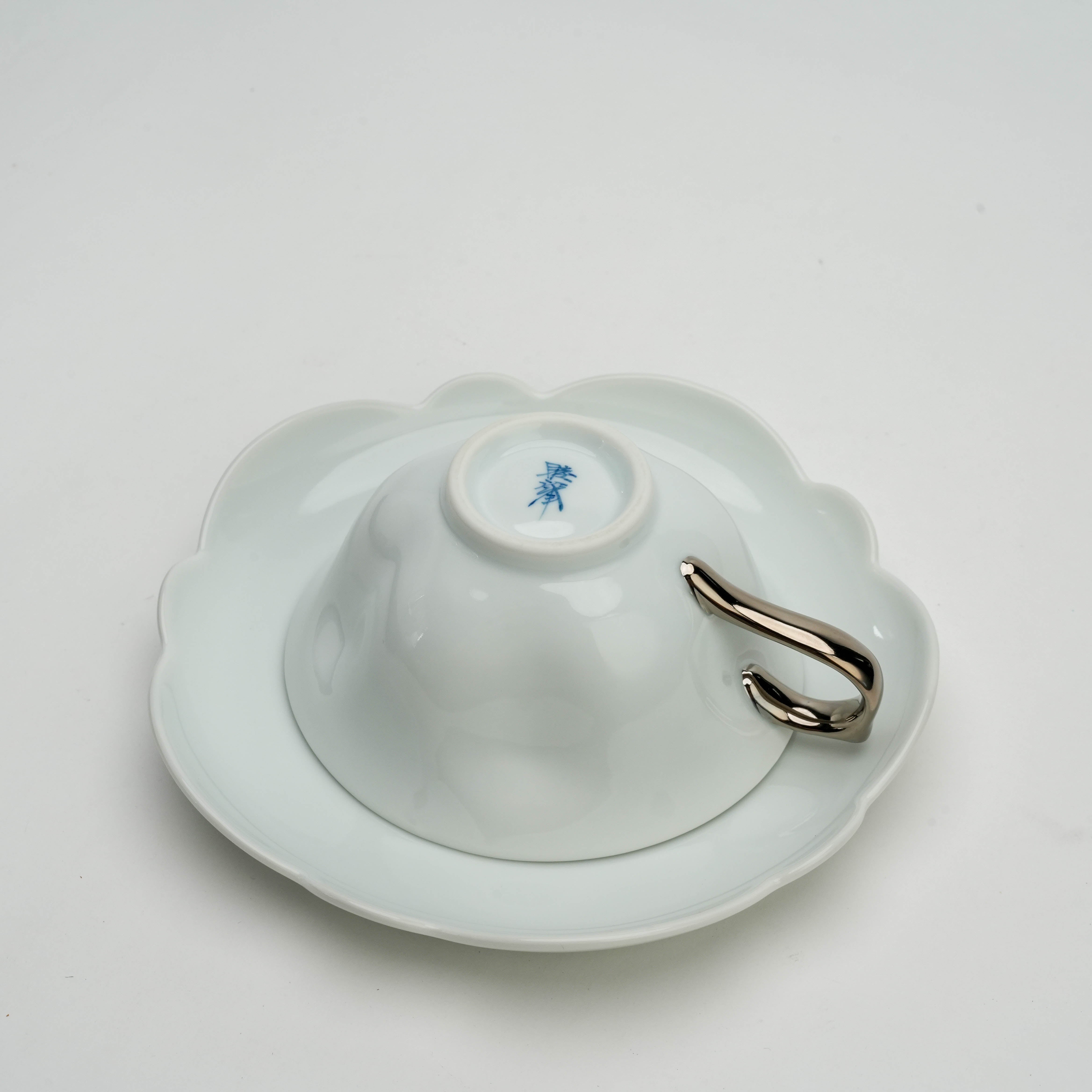 Arita Ware White Porcelain Sakura Teacup & Saucer with Platinum Handle