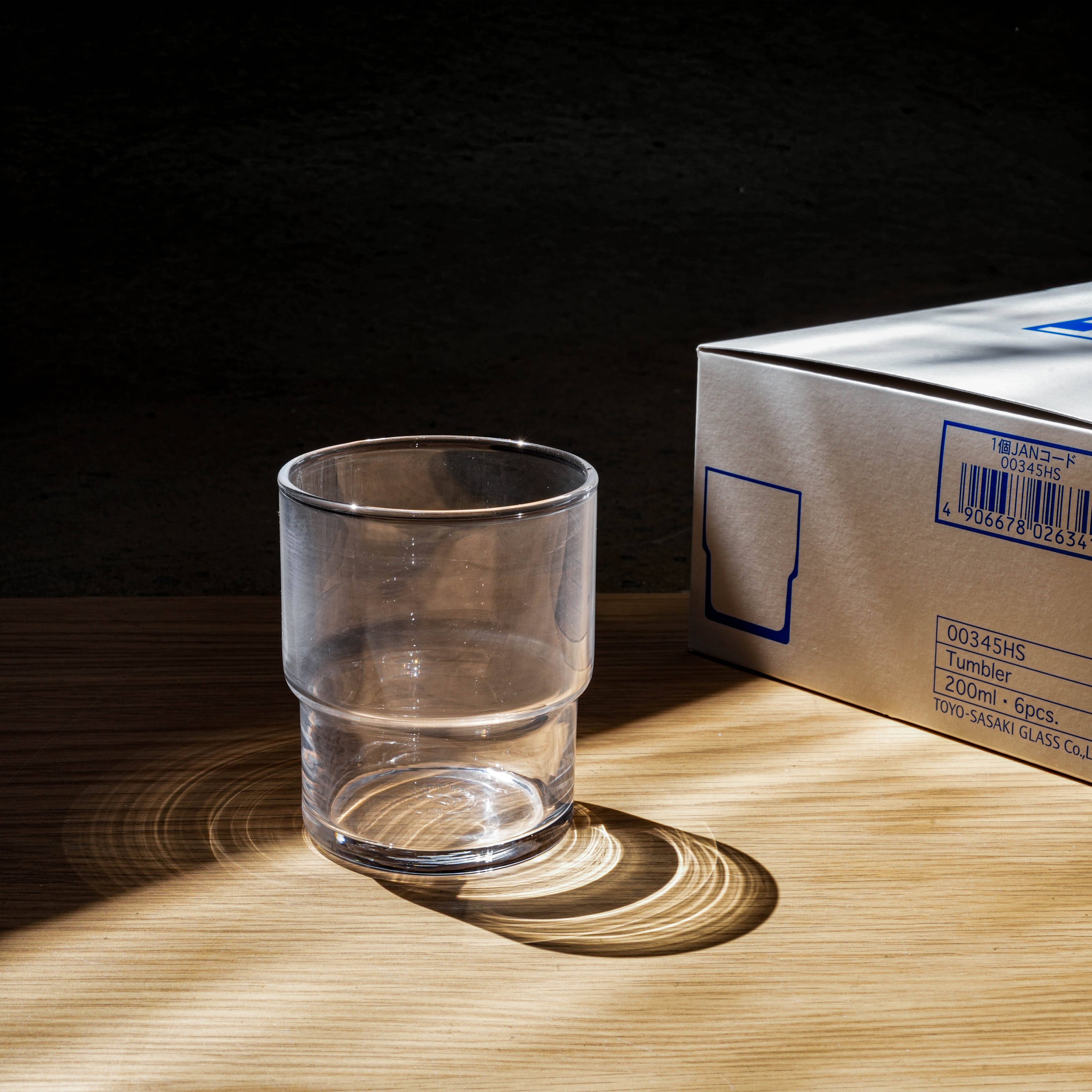 200ml Toyo-Sasaki Stackable Tumbler beside branded box, showcasing the award-winning design and practical packaging of this durable glassware set.
