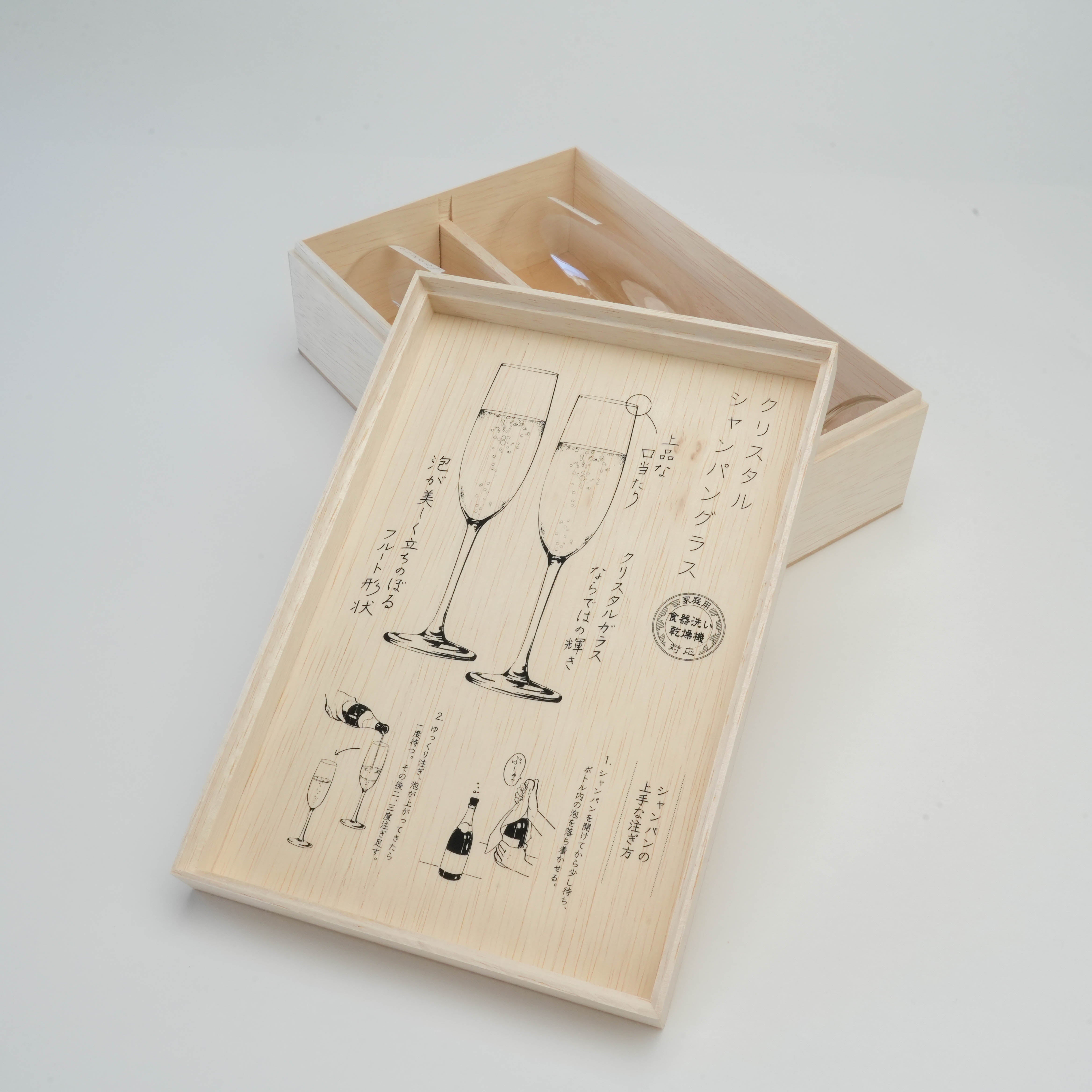 Illustrated guide inside the Toyo-Sasaki Pallone Champagne Glass gift box, detailing usage and features of the fine crystal flutes.