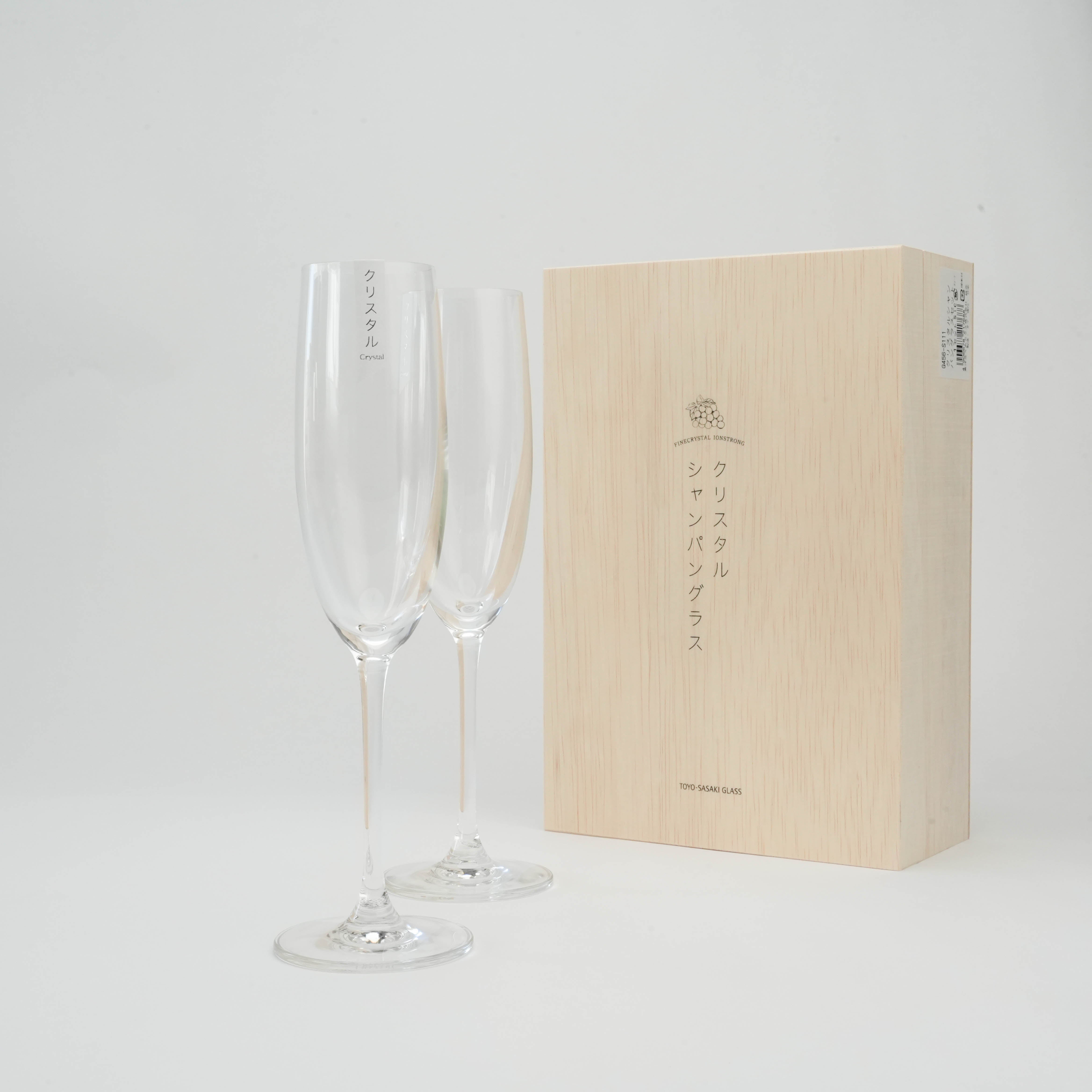 Toyo-Sasaki Pallone Champagne Glass set with wooden gift box, showcasing premium fine crystal stemware for weddings or special occasions.