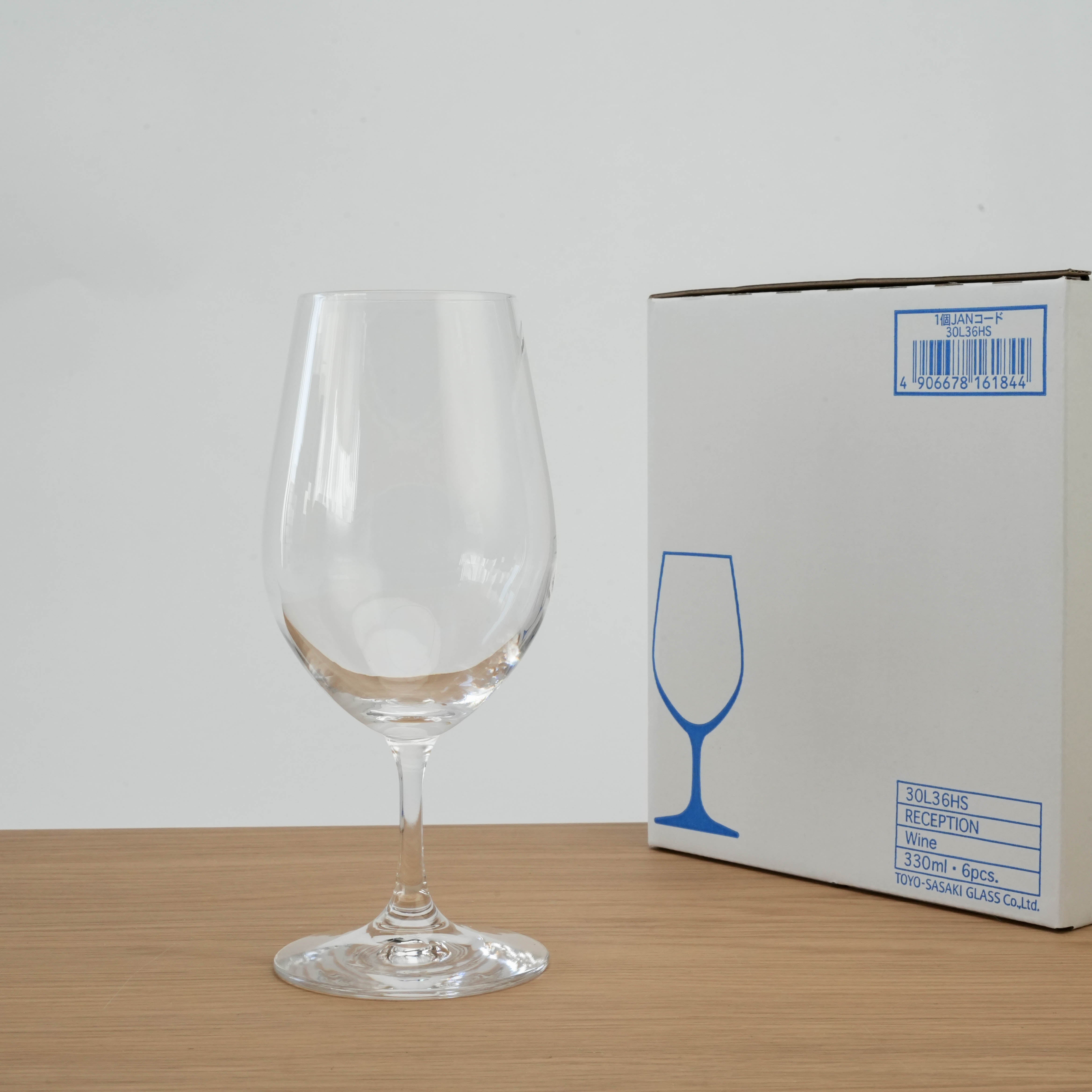 Toyo-Sasaki HS Wine Glass Set of 6 shown with packaging box, scratch-resistant and lightweight for professional or home use.