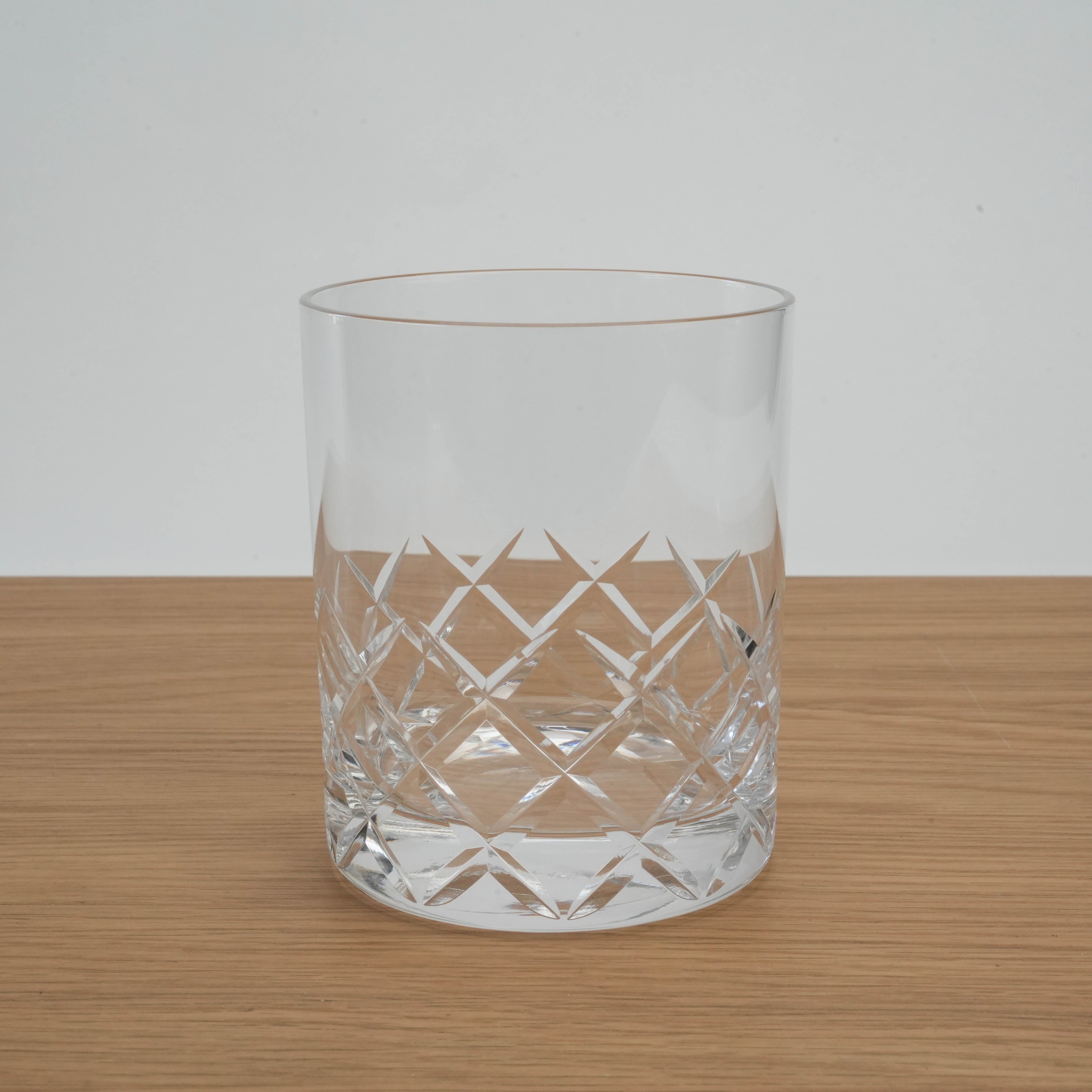 Toyo-Sasaki HS Yarai Cut Whiskey Rock Glass displayed on a wooden table with a clean background, ideal for elegant home bar setups.