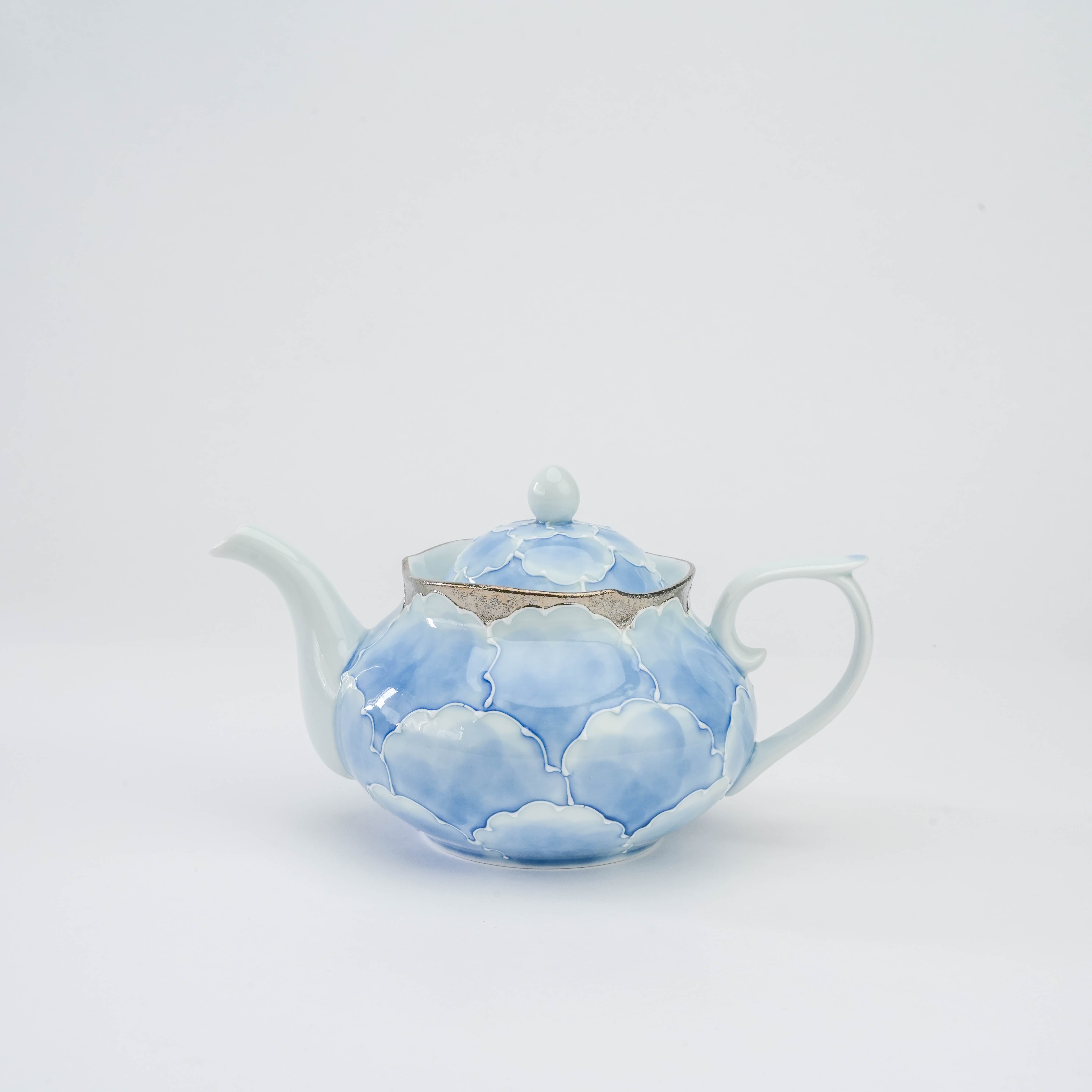 Bunzan Arita Peony Teapot - Platinum Series features hand-painted blue petals and a silver rim, showcasing traditional Japanese craftsmanship.