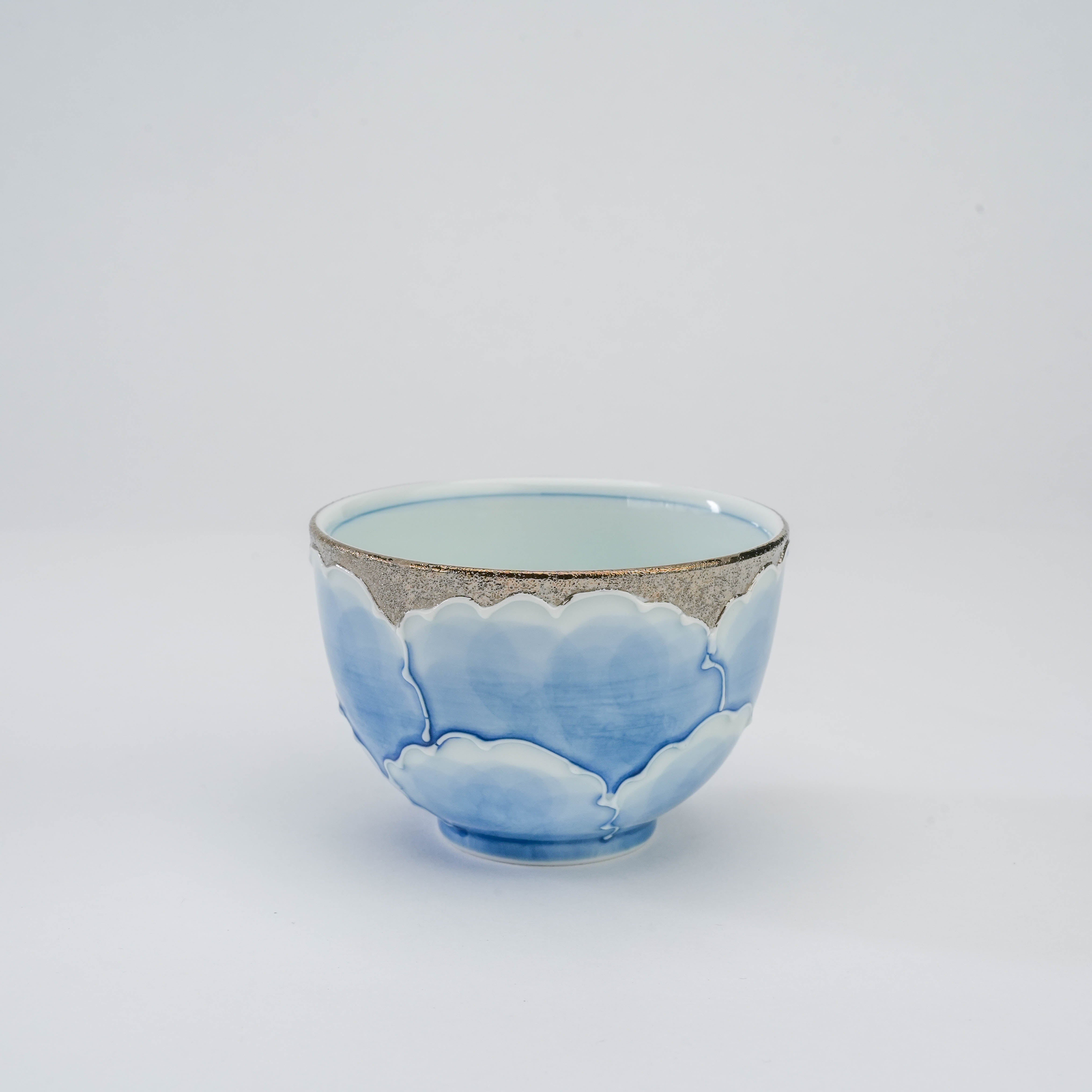 Peony Tea Cup - Bunzan Kiln | Platinum Series Arita Ware featuring blue peony petals and silver rim, ideal for elegant tea service.