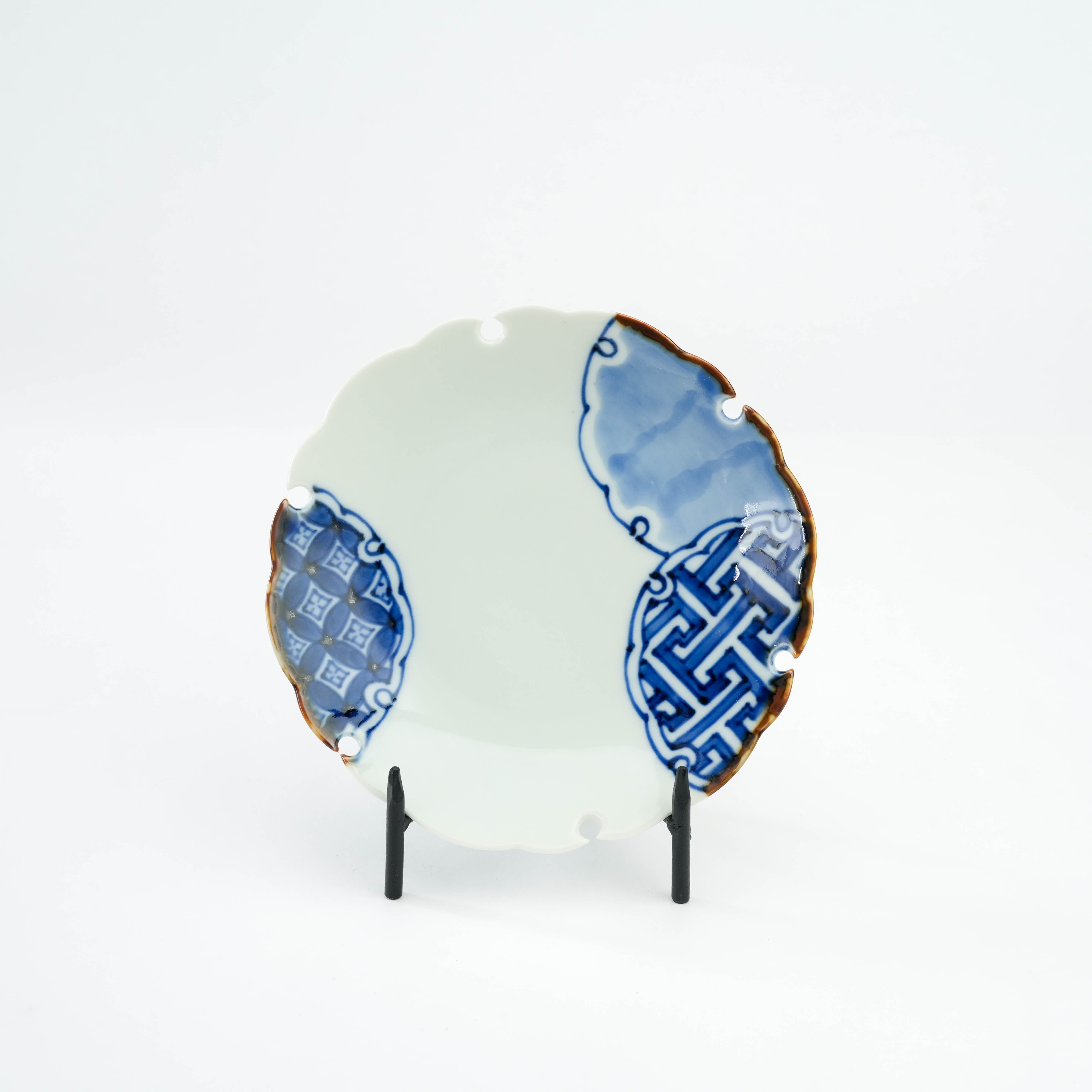 Arita Ware Snow Circle Plate - Ground Pattern Plate with scalloped edge and hand-painted blue geometric designs, ideal for elegant table settings.