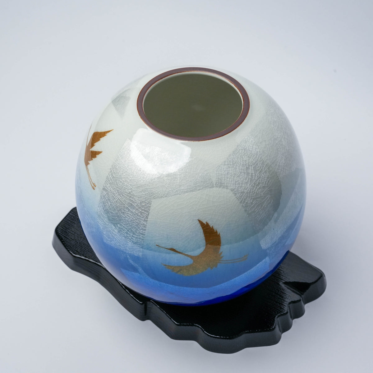 Kutani Ware Ginsai Blue Twin Crane Vase
