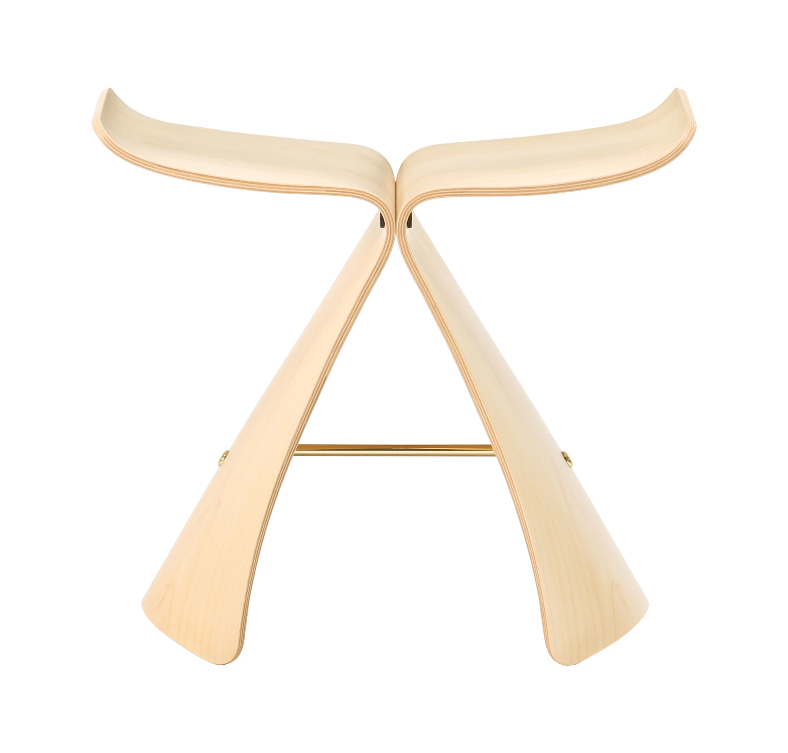 Symmetrical front view of light wood Butterfly Stool by Sori Yanagi, highlighting its balanced, sculptural plywood form.