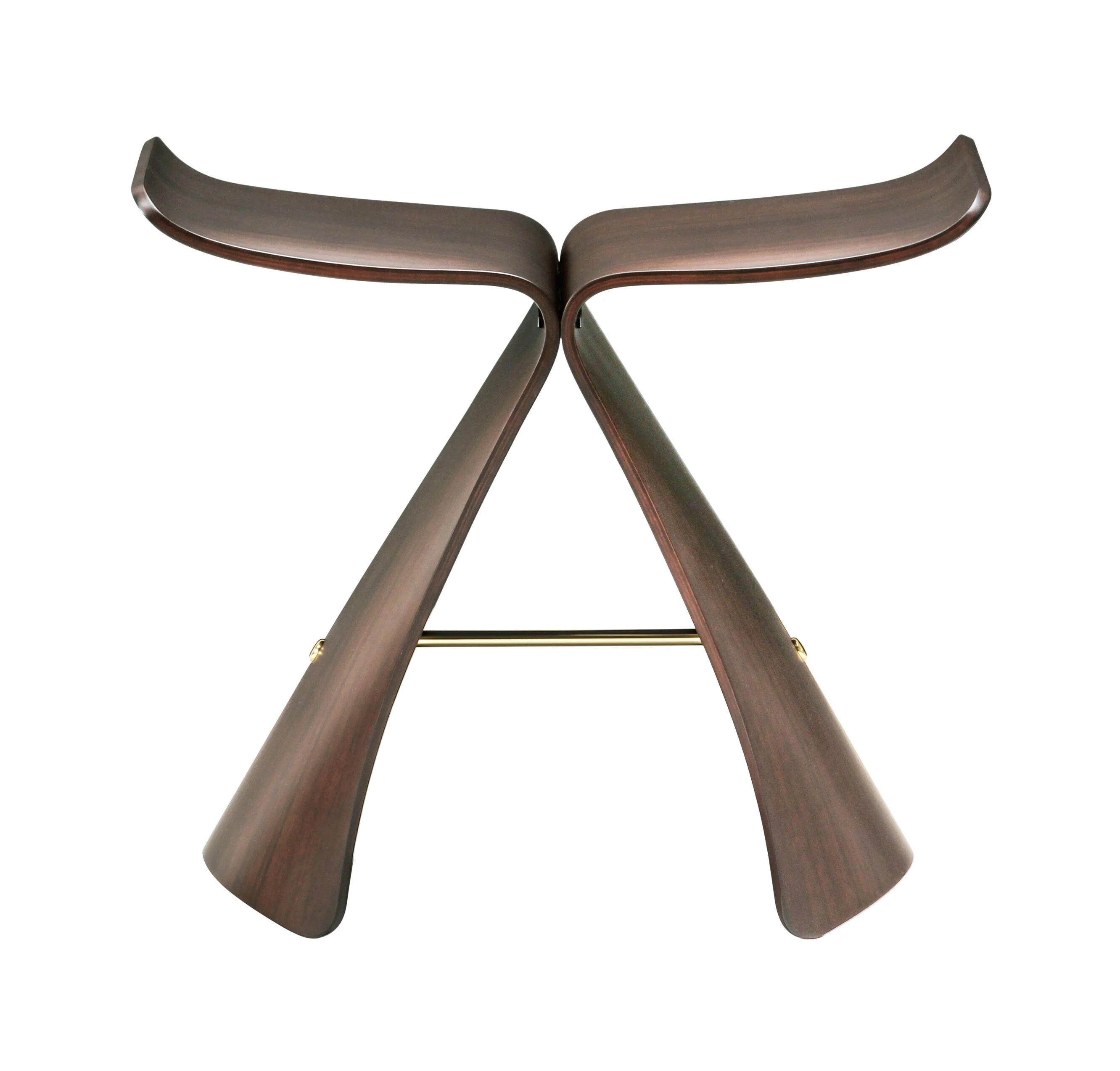 Front view of dark wood Butterfly Stool by Sori Yanagi, emphasizing its iconic butterfly shape and molded plywood craftsmanship.