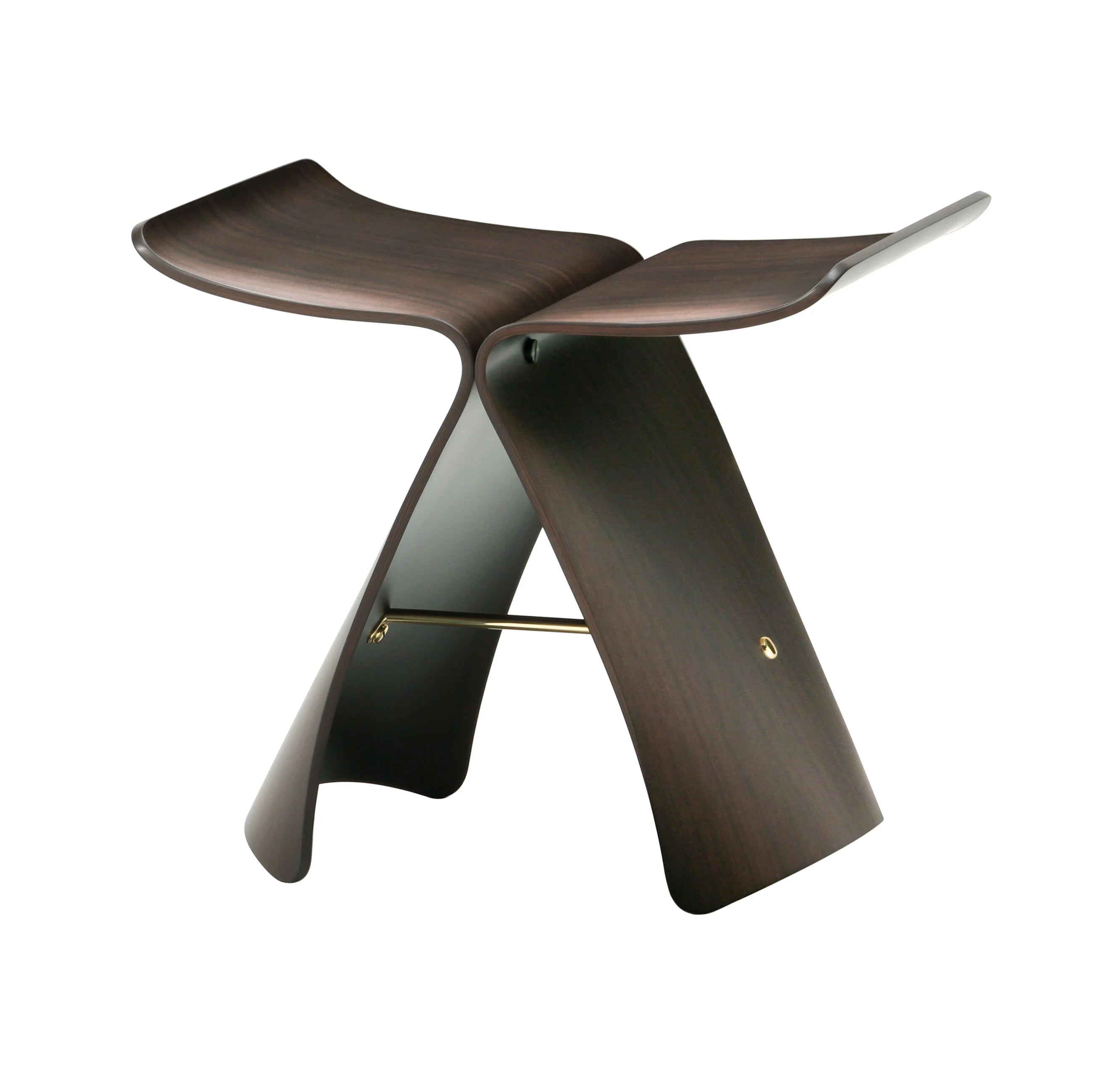 Angled view of Butterfly Stool in dark wood, showing its elegant curves and mid-century modern Japanese design.