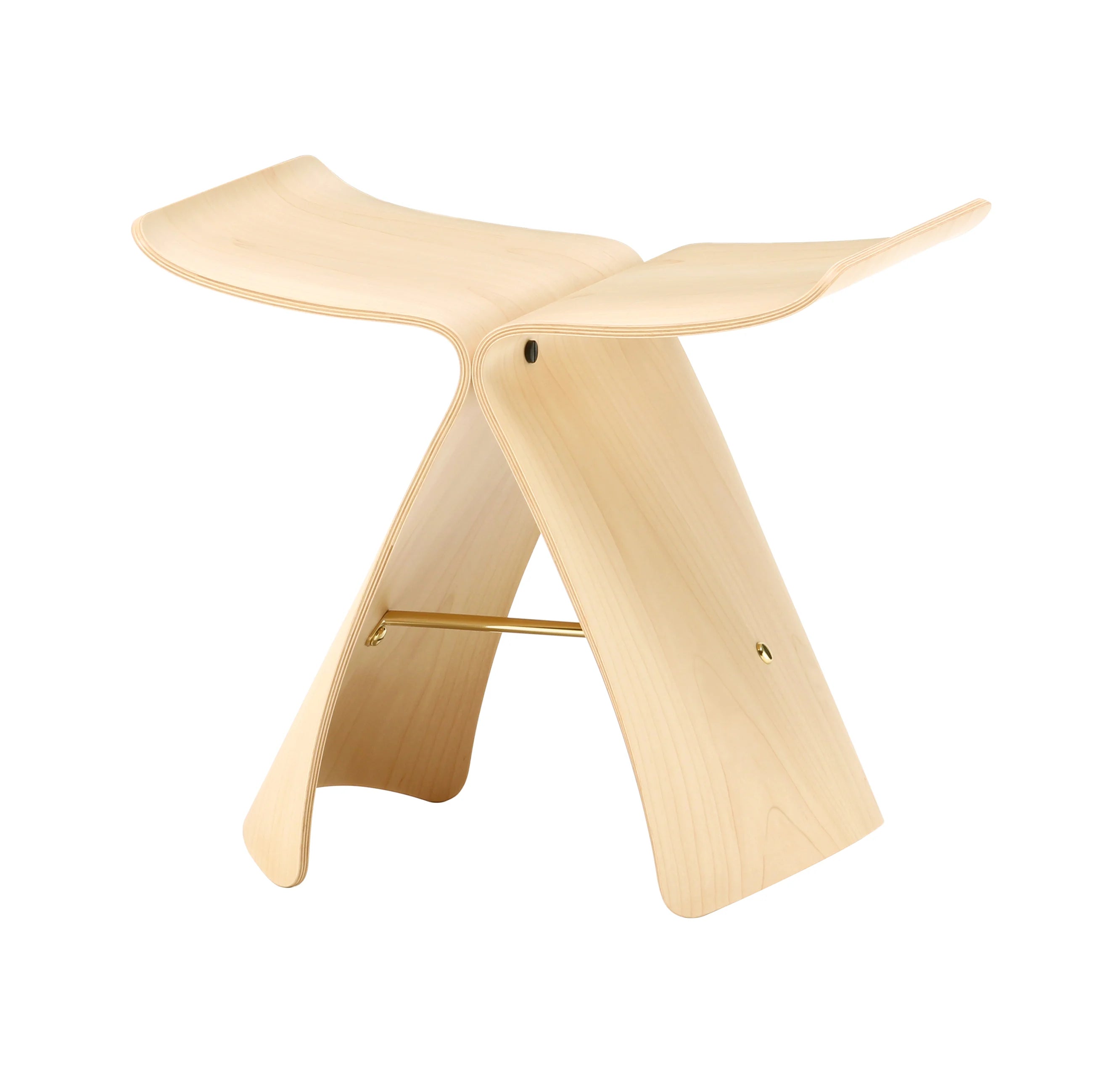 Angled view of Butterfly Stool in light wood finish, showcasing its iconic winged silhouette and brass support bar.
