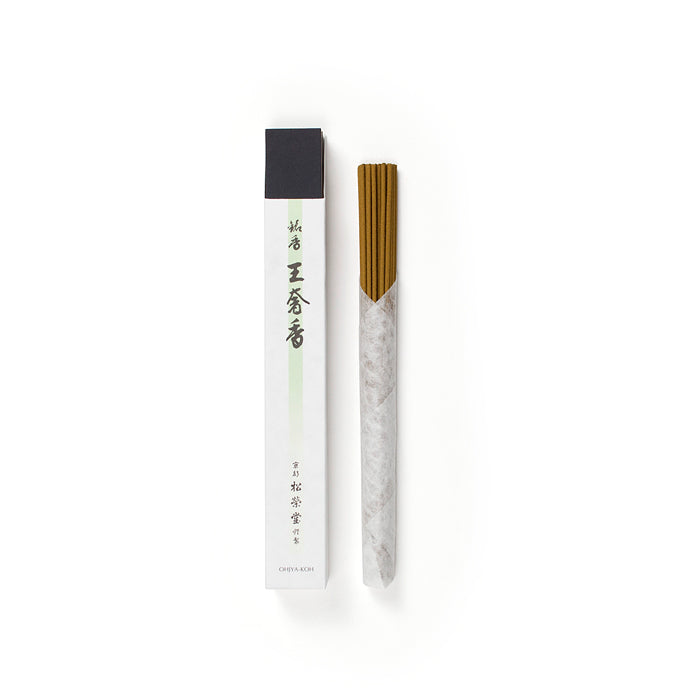 Shoyeido Premium Incense - Ohjya-koh with open box and visible sticks; elegant blend of sandalwood, clove, and spices for calming ambiance.