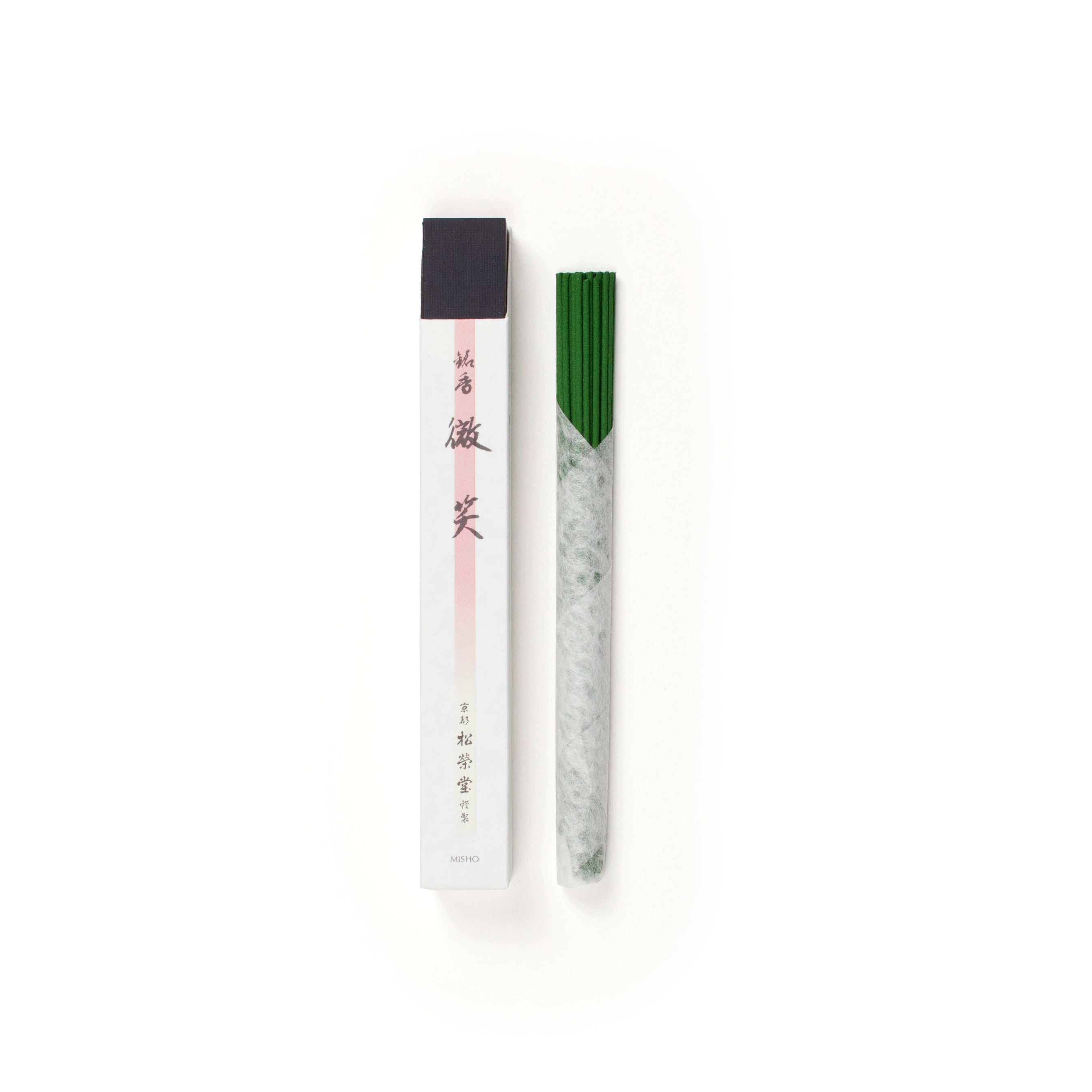Shoyeido Premium Incense - Gentle Smile open box with green incense sticks, ideal for creating a serene atmosphere in home and garden spaces.