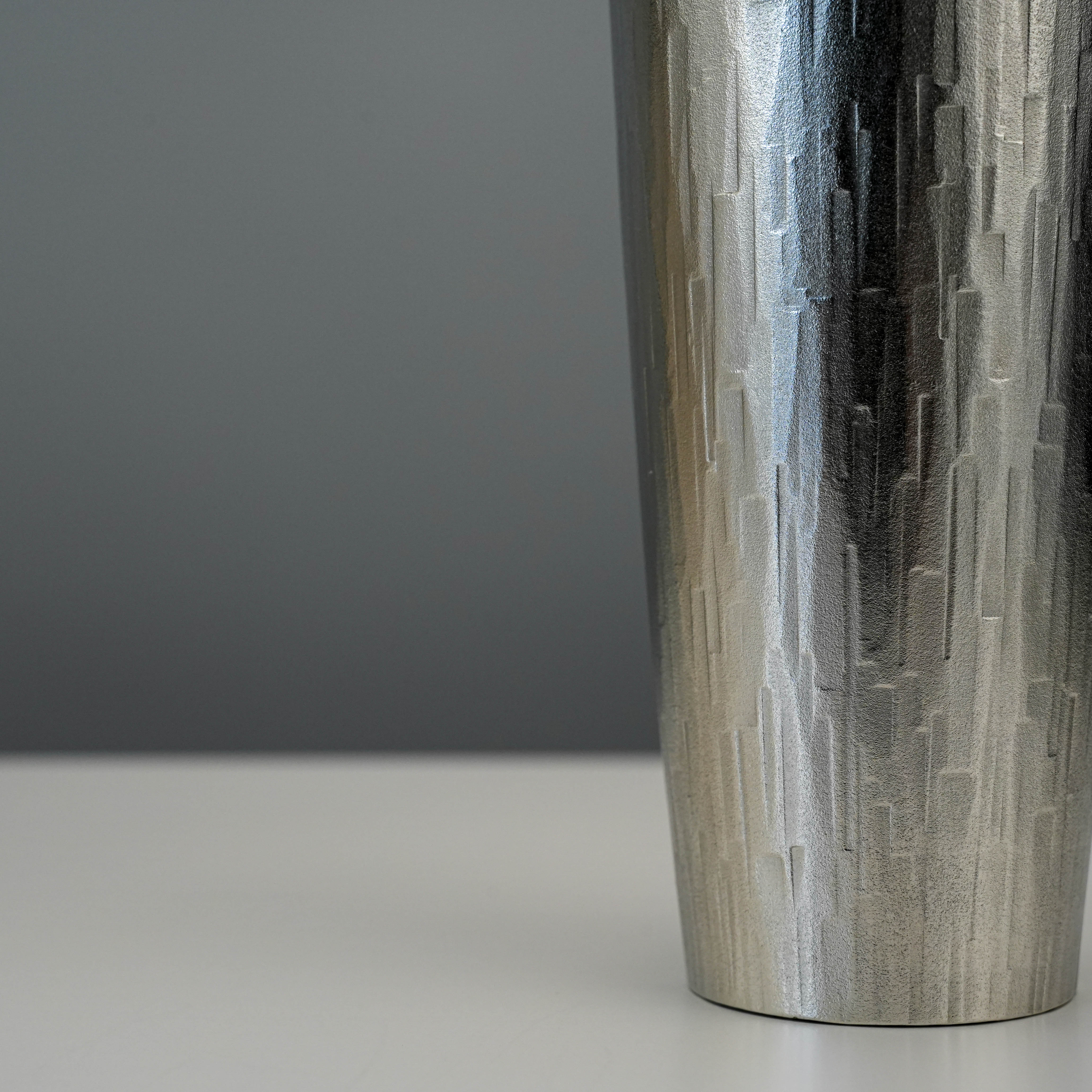 Detailed side view of the Osaka Suzuki Tinware Tumbler showing its brushed tin finish and artisanal craftsmanship from Japan.
