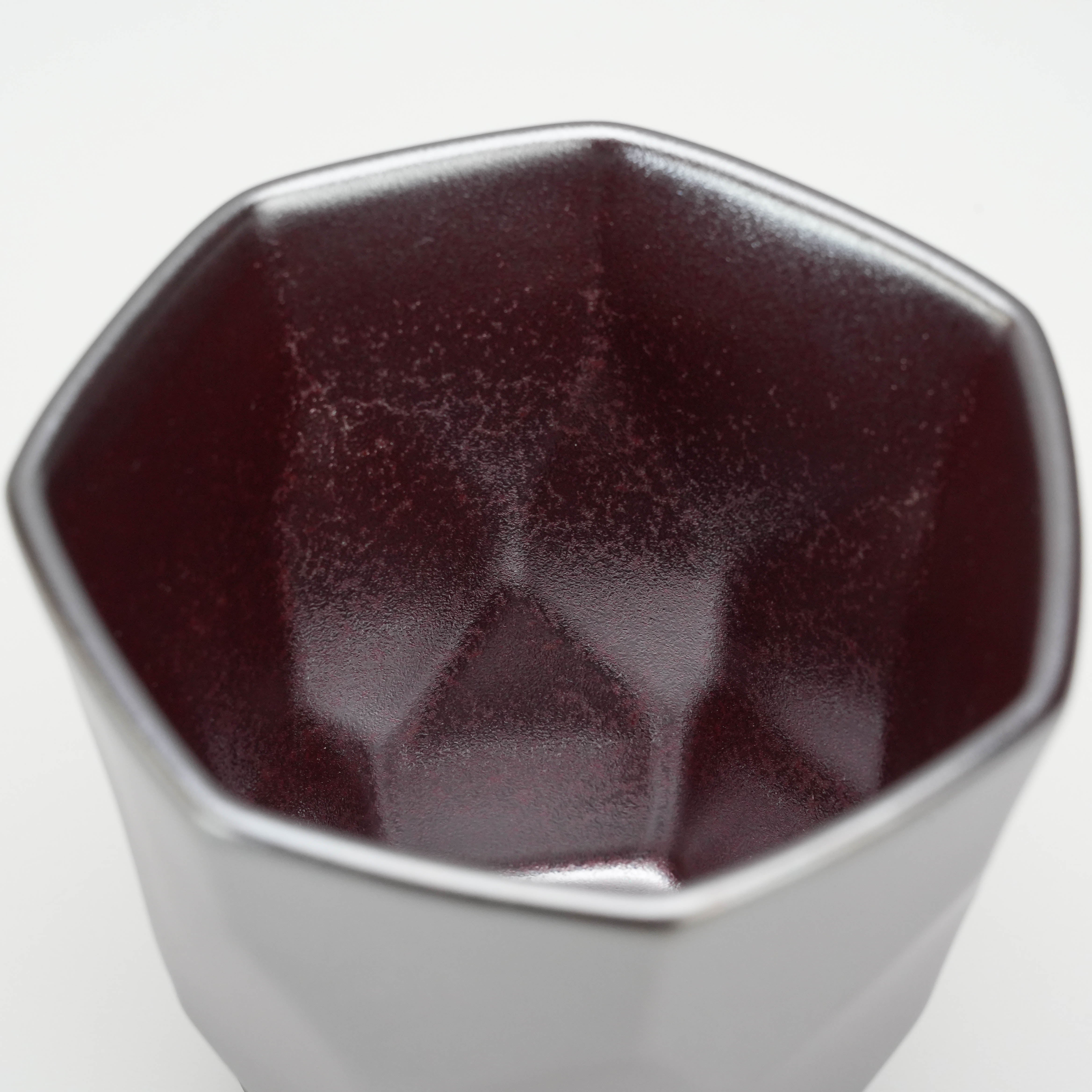 Interior view of Tsubame Kobo Matte Silver Cup showing deep maroon glaze and geometric contours, 220ml drinkware piece.