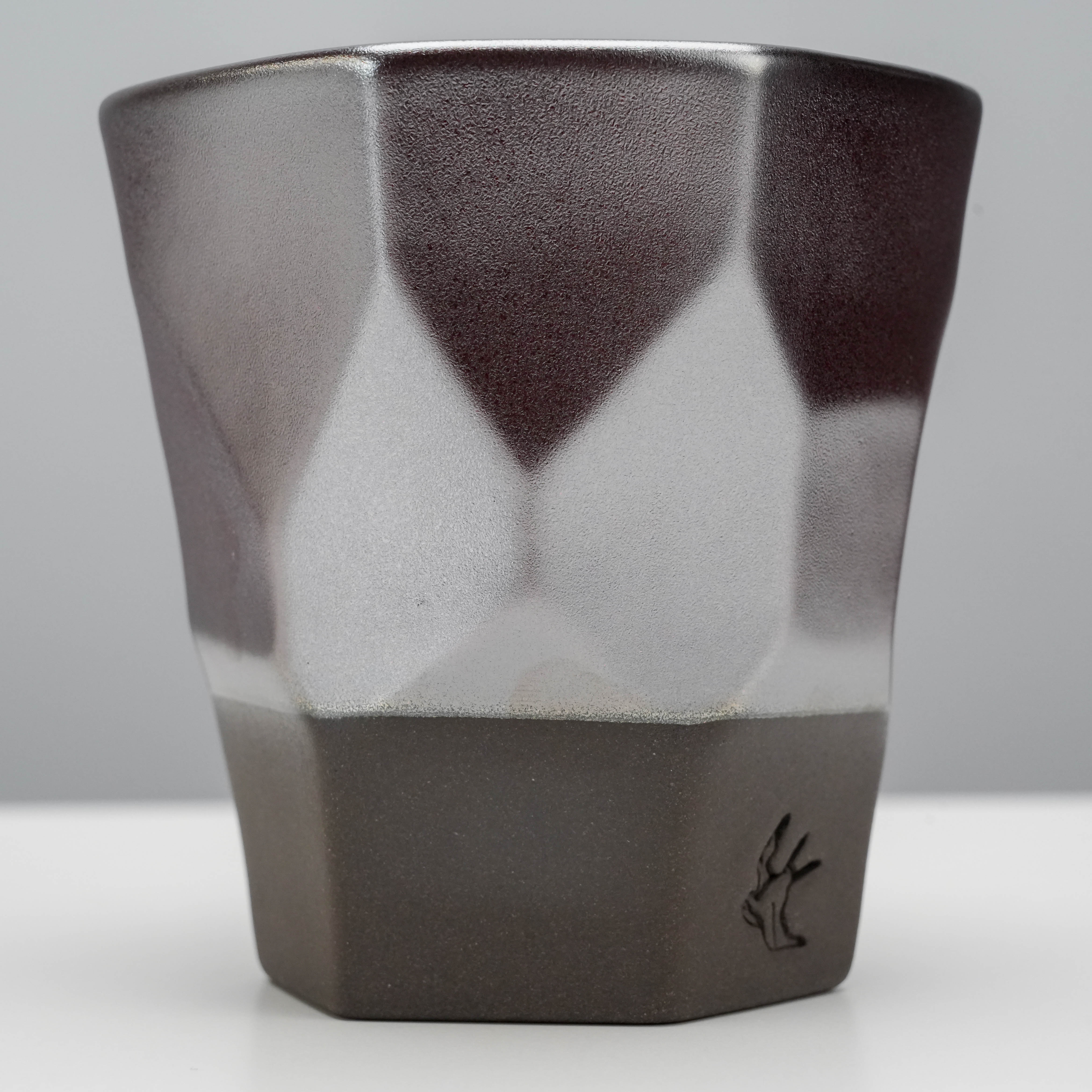 Detailed front view of Tsubame Kobo Matte Silver Cup featuring a faceted surface and matte finish, part of premium drinkware.