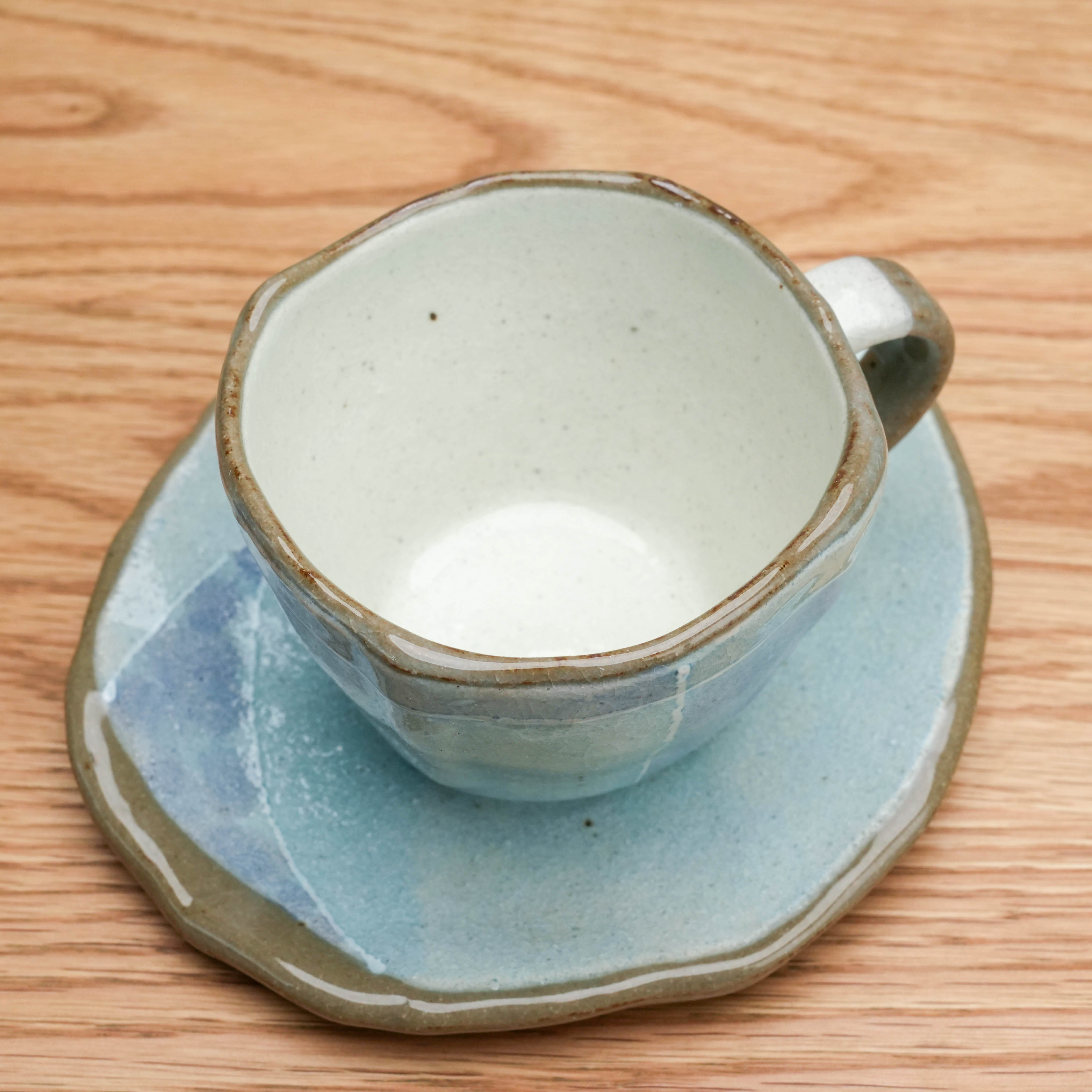 Top view of Tokiwa Mino Ware Cup & Saucer - Coffee Cup with Saucer | Handmade blue ceramic drinkware with rustic glaze, perfect for home cafés.