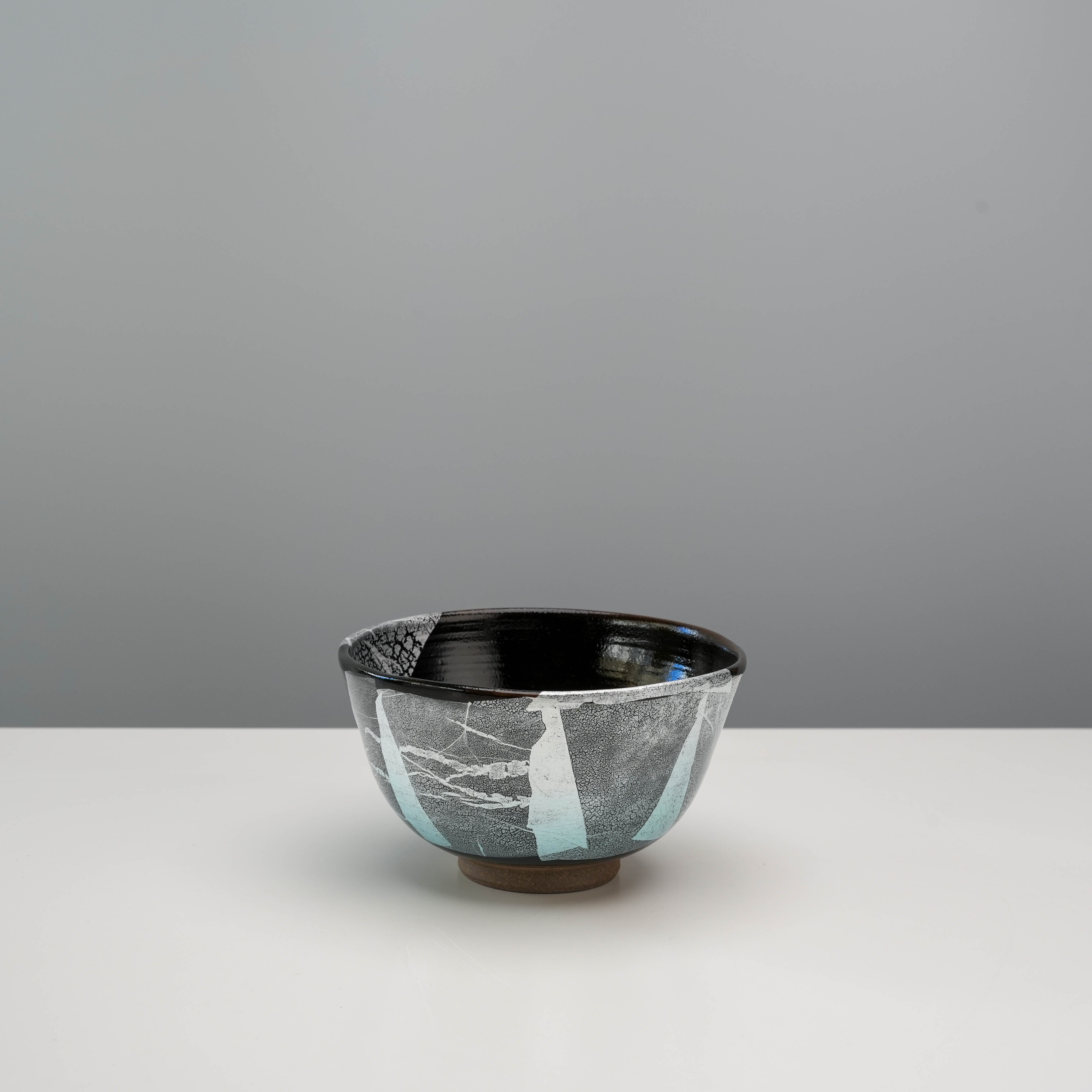 Kutani Ware Silver Leaf Black Glaze Matcha Bowl