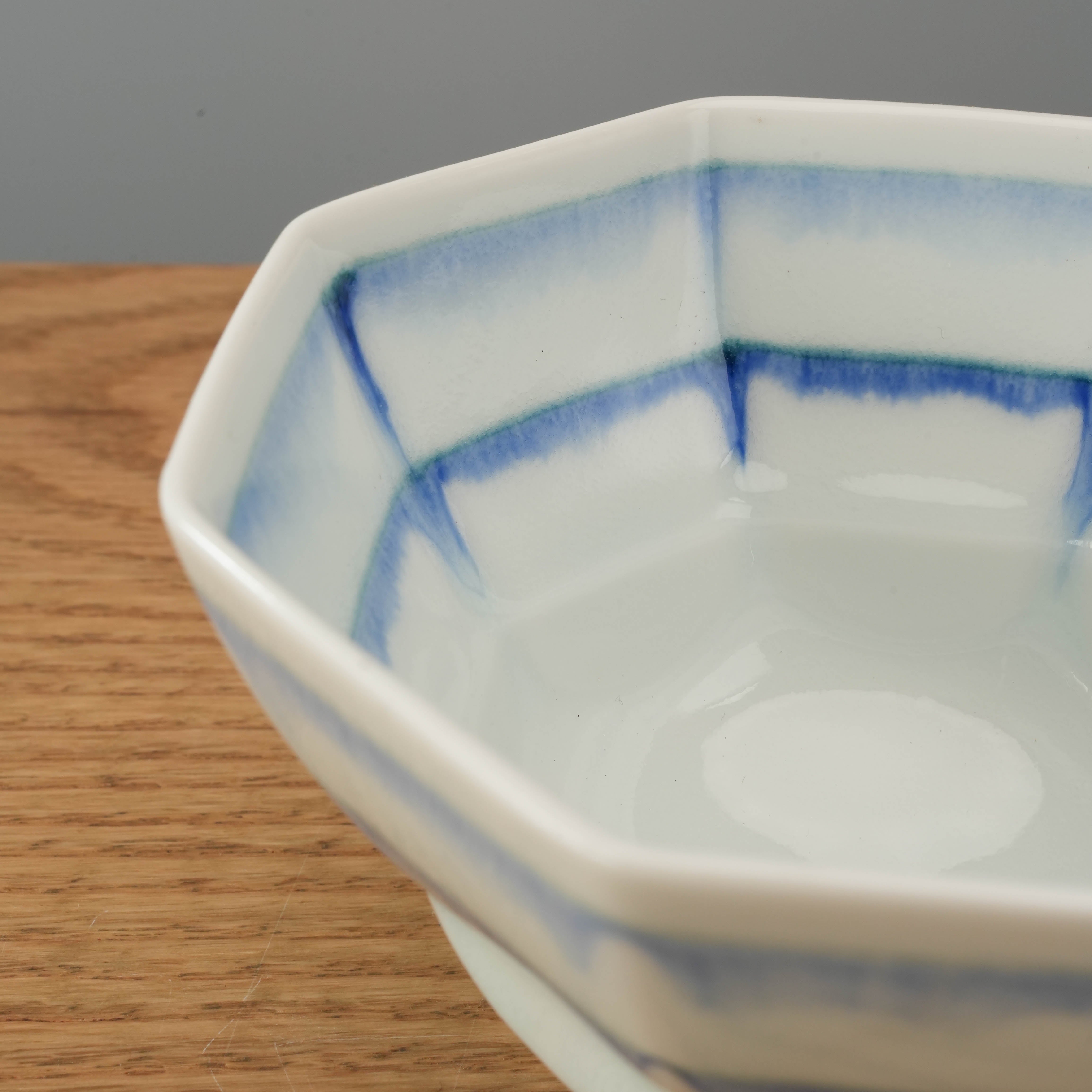 Close-up of Mino Ware Indigo Glaze Octagonal Bowl interior, highlighting the crisp octagonal lines and serene indigo gradient for refined dining.