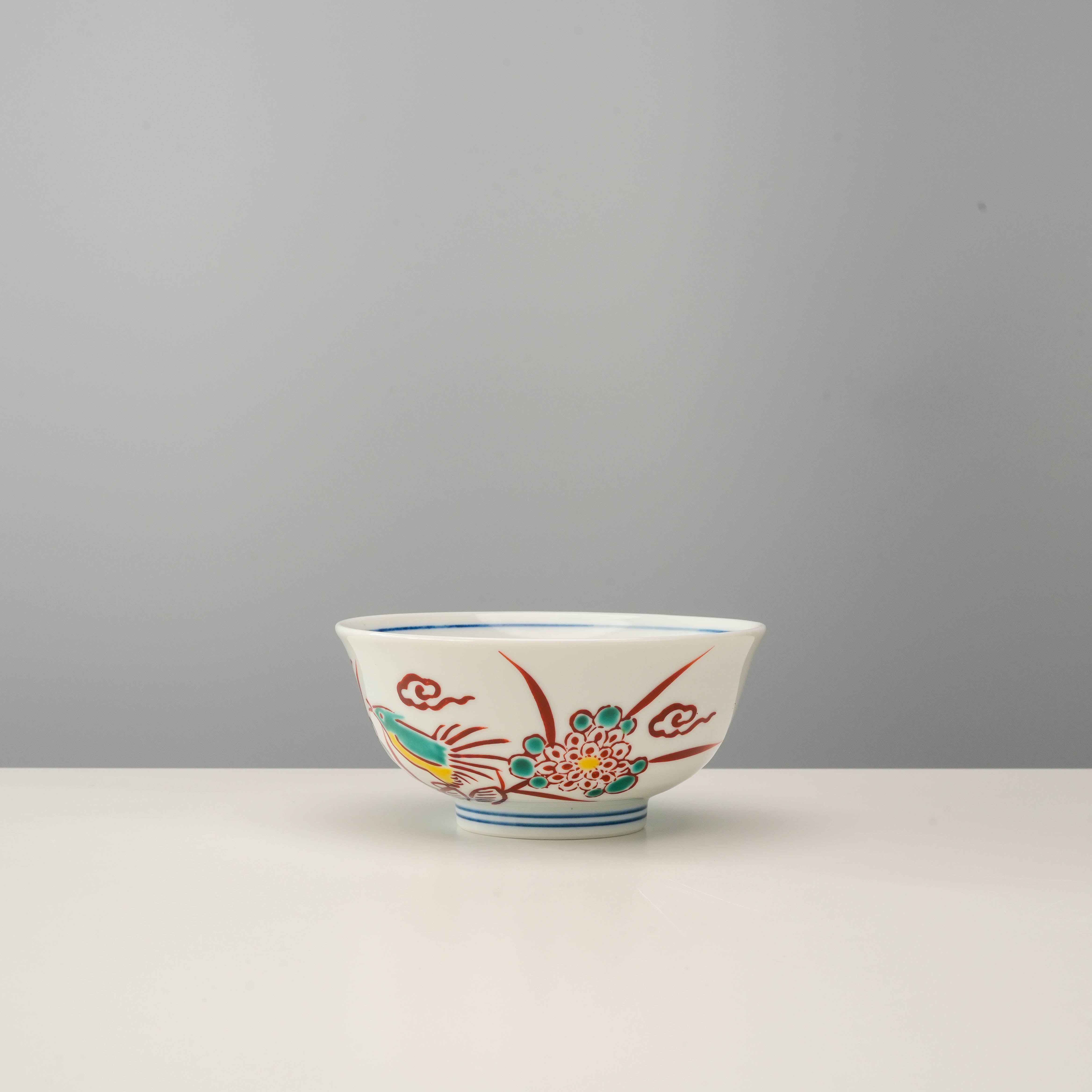 Kutani Ware Rice Bowl - Red Bird & Chrysanthemum with traditional Japanese design, ideal for elegant dining or decorative use.