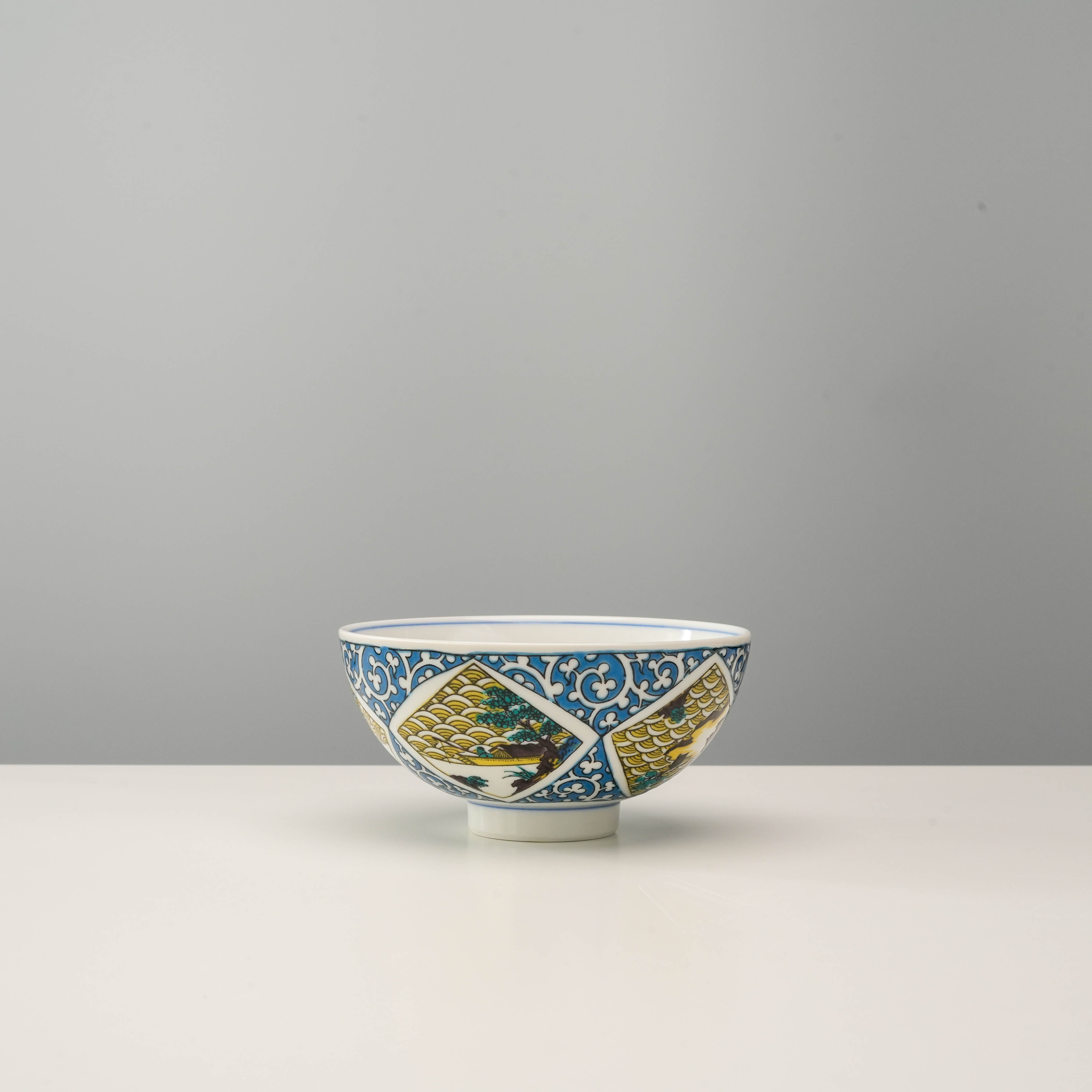 Kutani Ware Rice Bowl - Arabesque & Landscape | Elegant Design featuring intricate blue arabesque patterns and scenic motifs, ideal for rice serving.