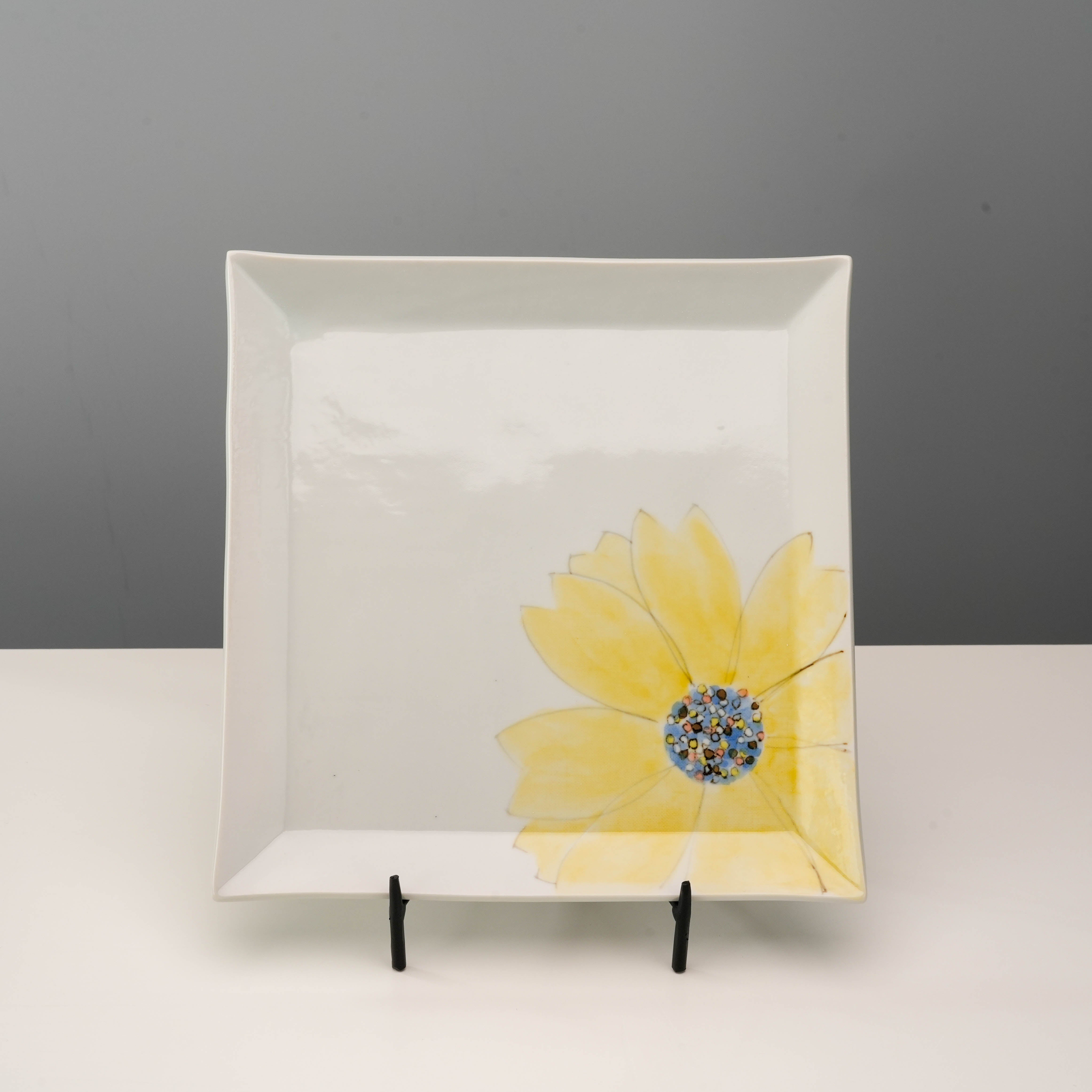 Serving Plate - Kutani Ware Yellow Petal with square shape and hand-painted floral design, ideal for elegant table settings or decor.