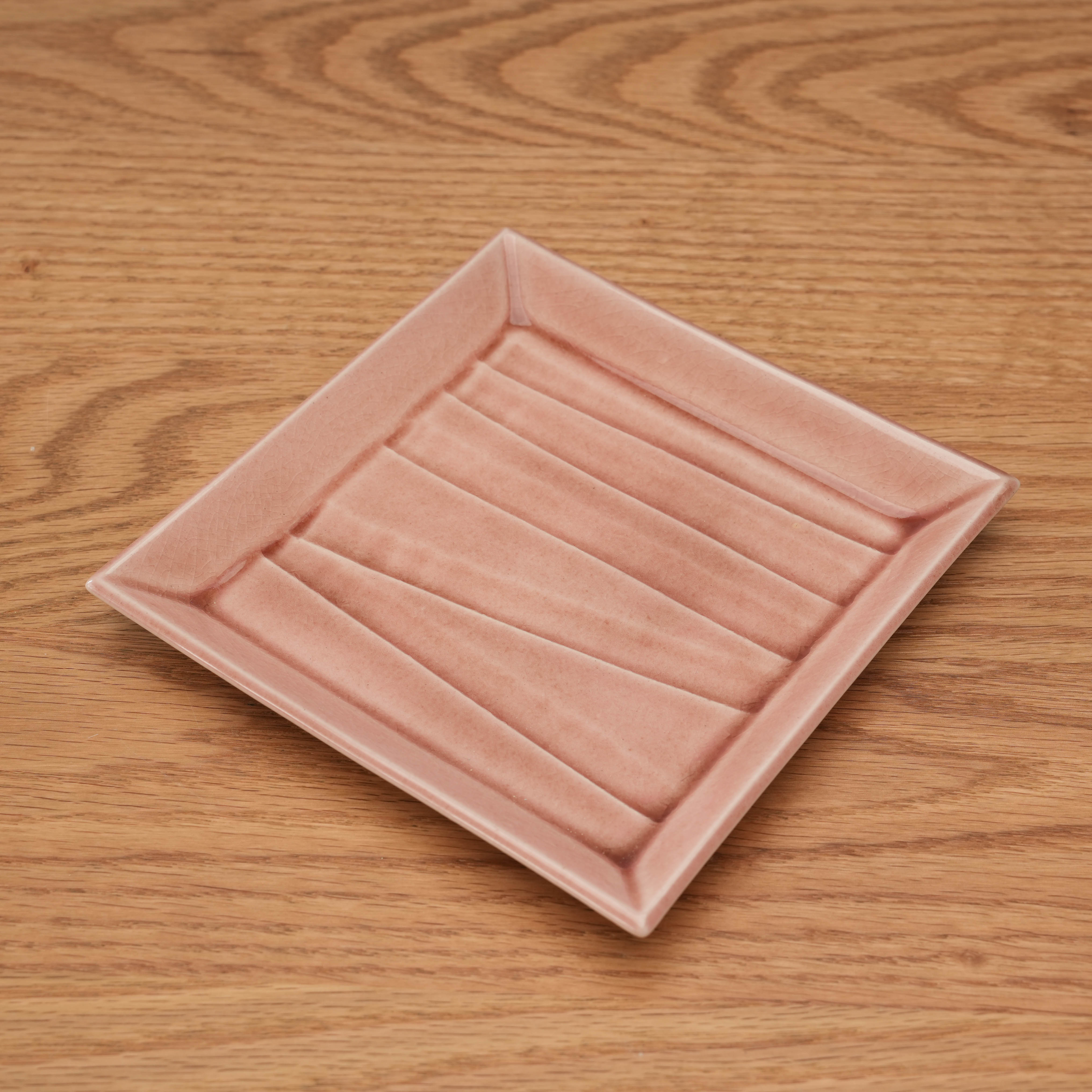 Rose Pink Square Plate with crackle glaze finish shown from an angled top view. Ideal for stylish dessert or side dish presentation.