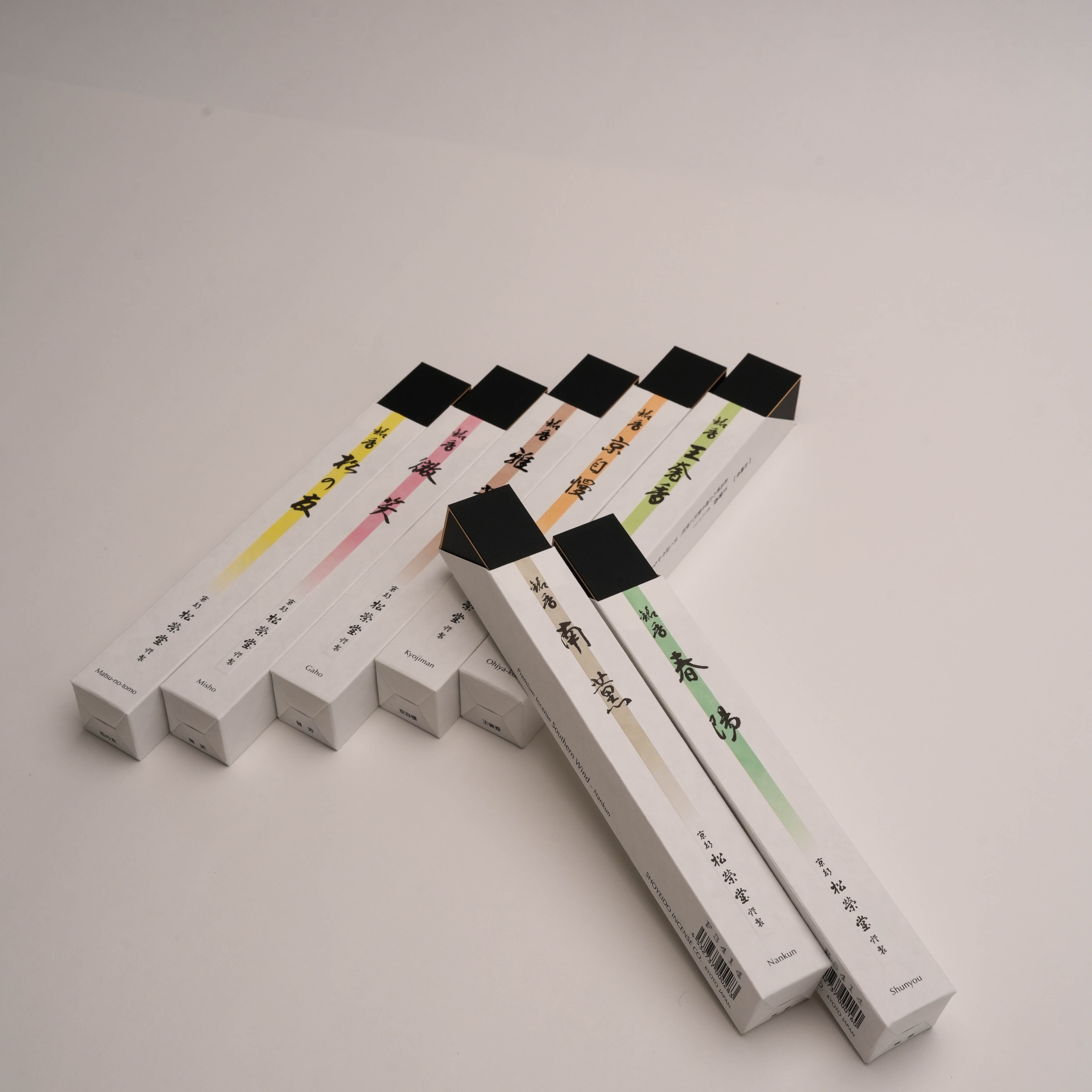 Assorted Shoyeido Premium Incense boxes including Southern Wind, showcasing a variety of tranquil scents for home fragrance and meditation rituals.