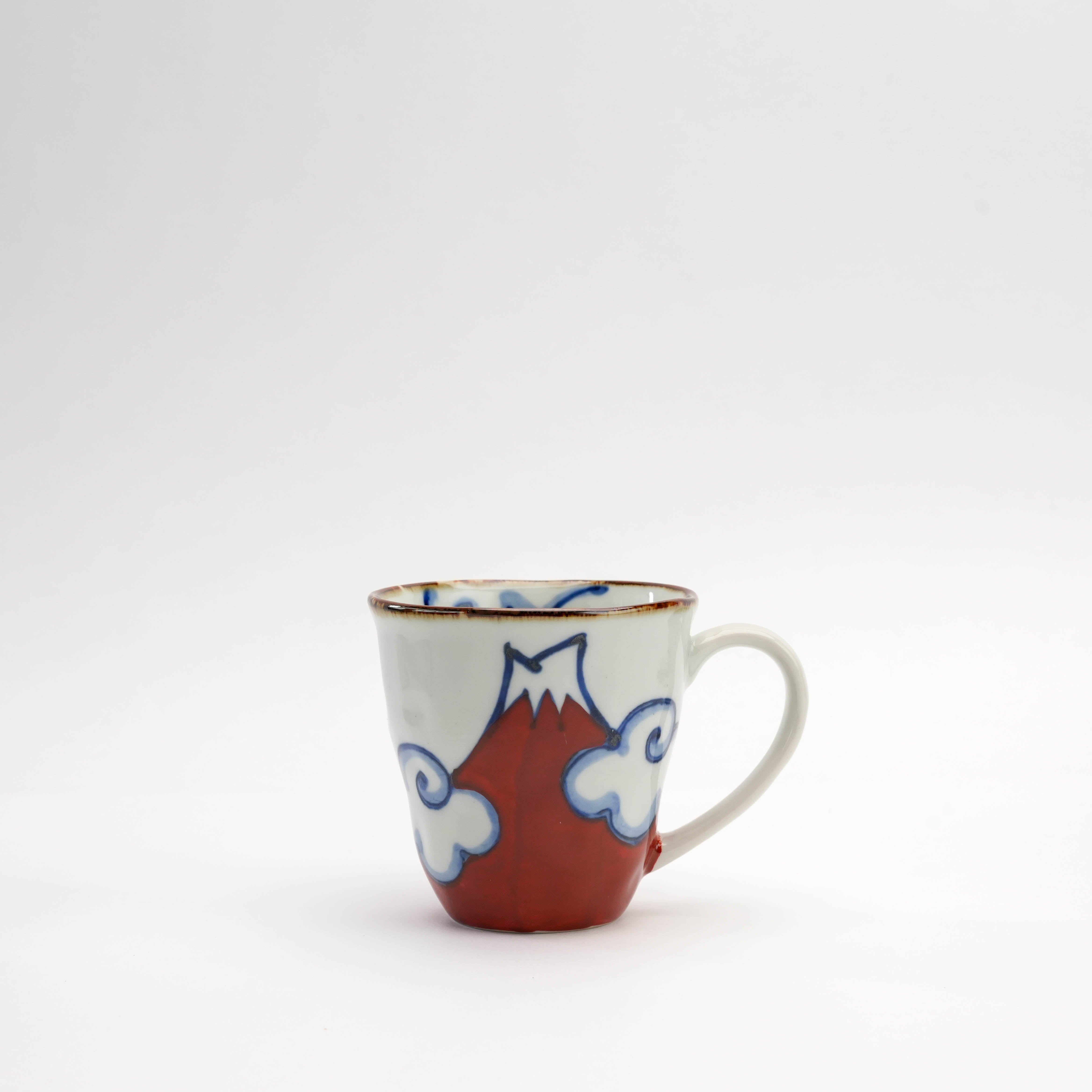 Red Arita Ware Mt Fuji Mug with hand-painted mountain and cloud design. Elegant Japanese ceramic cup for kitchen or dining decor.