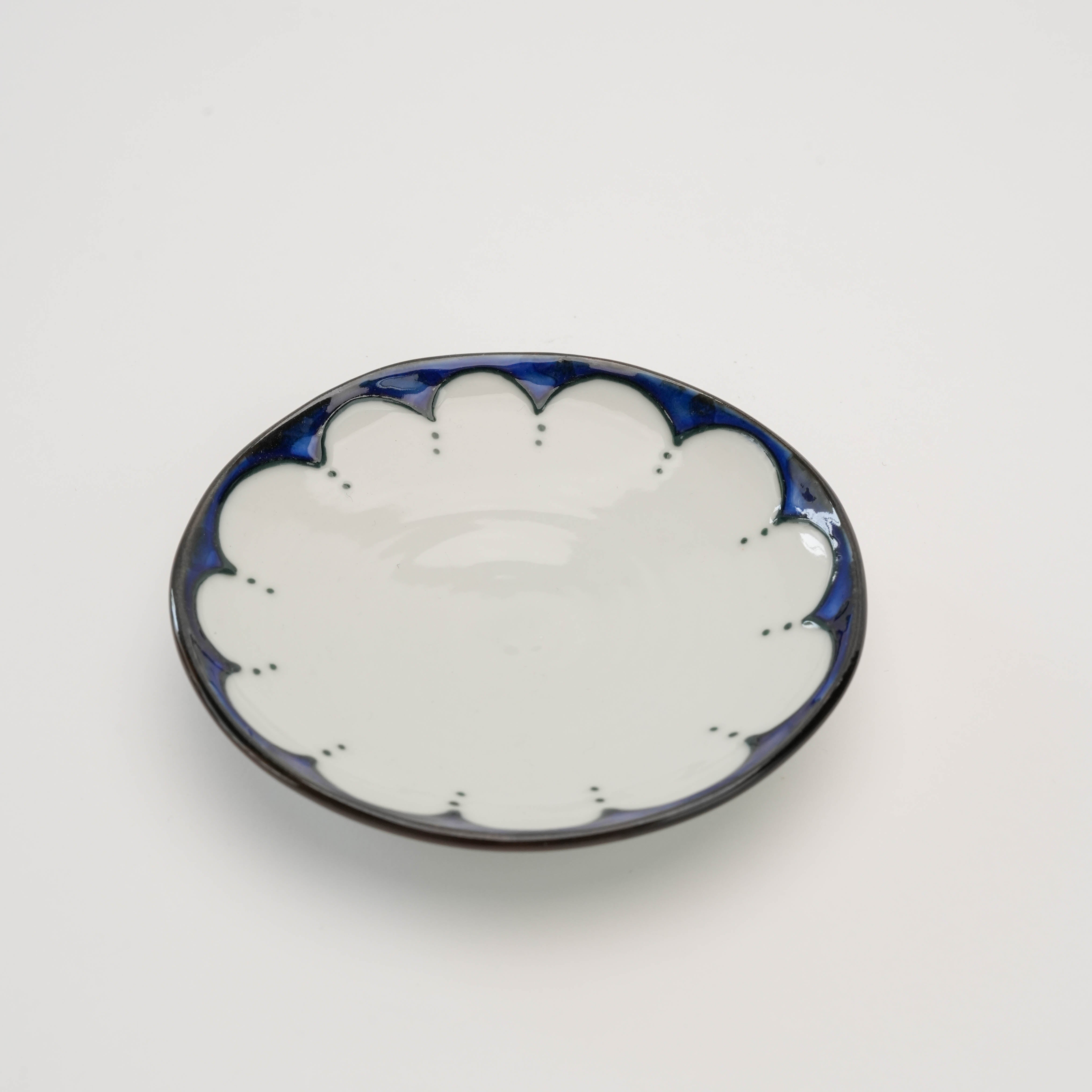 Edo Floral Dot Pattern Plate - Small with indigo scalloped rim and floral motif, ideal for condiments or decorative use in modern tableware.