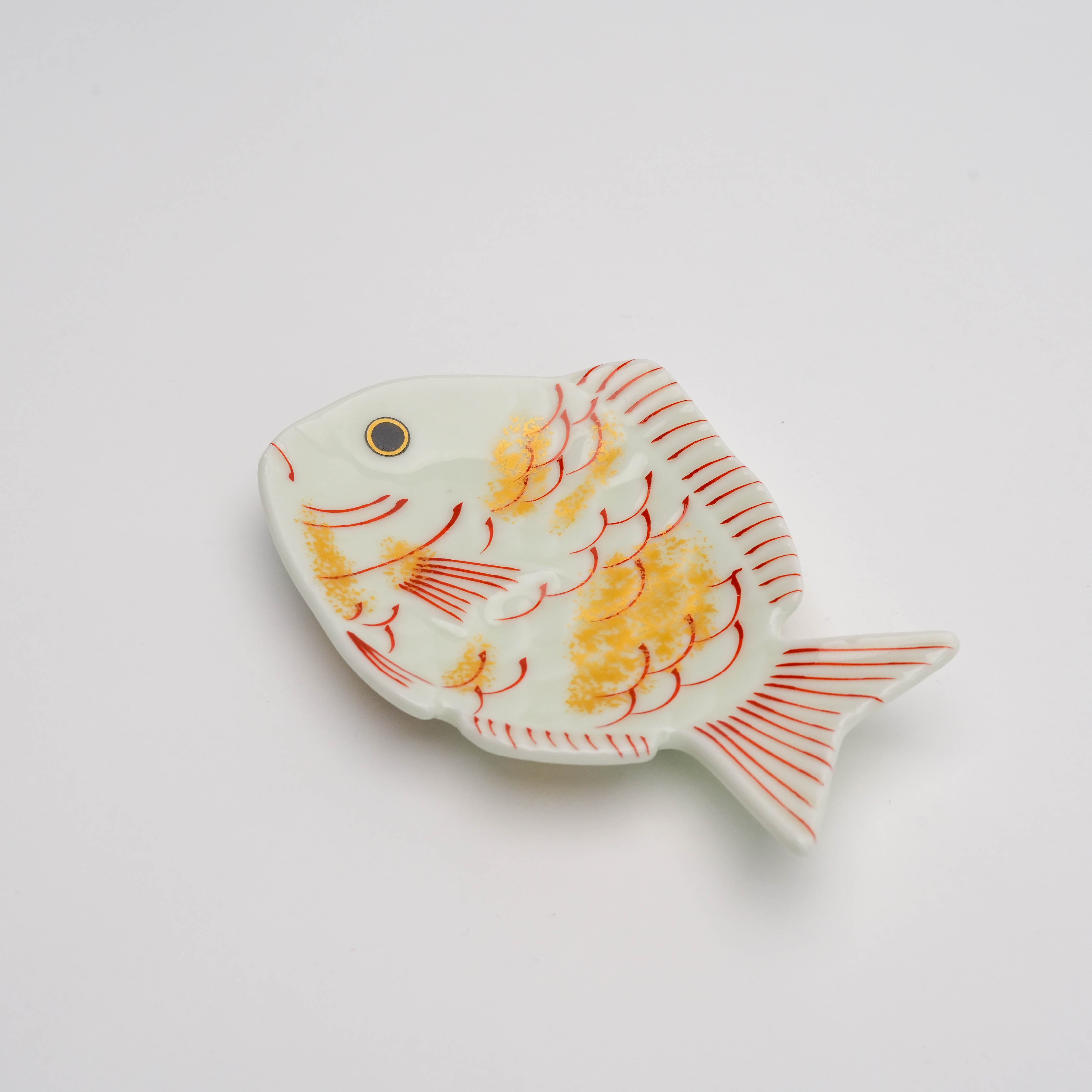 Hand-painted Arita Ware Bream Small Dish with gold and red detailing, perfect for decorative use or as a lucky serving plate.
