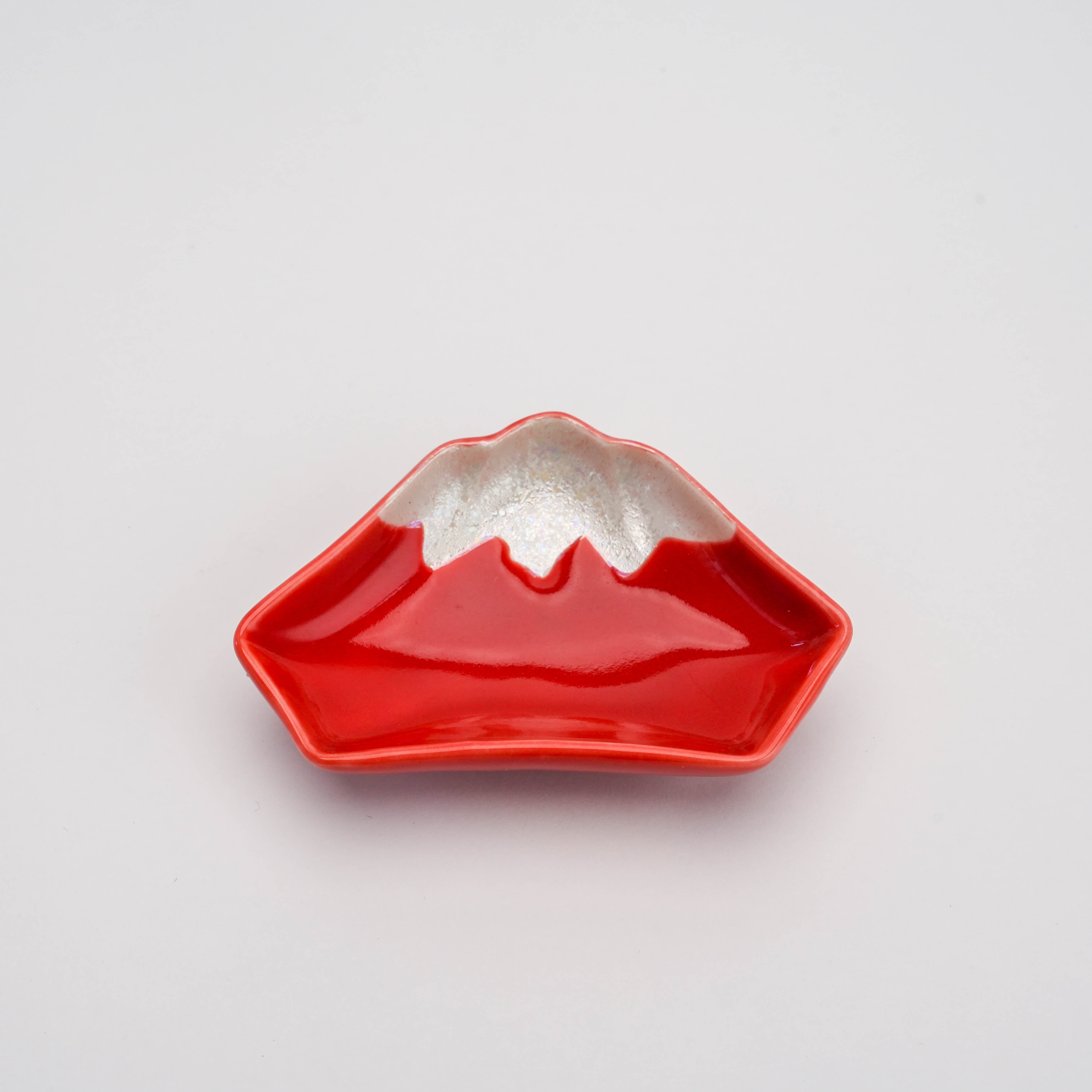 Arita Ware Red Mt. Fuji Small Dish in vibrant red with silver peak, ideal for serving condiments or as a decorative accent in home decor.