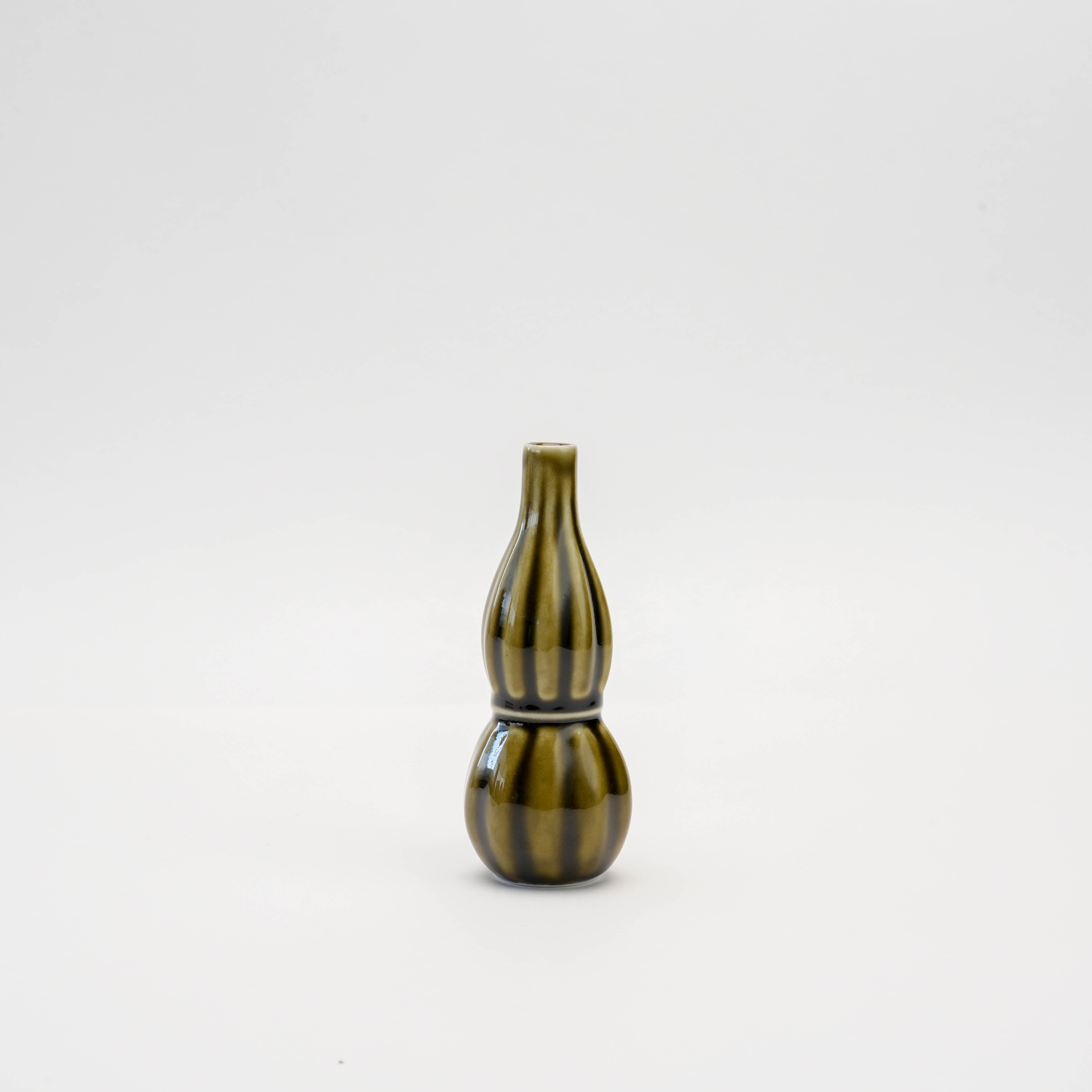 Arita Ware Olive Green Ribbed Flower Vase with a double-gourd shape and vertical ridges, ideal for minimalist floral decor.