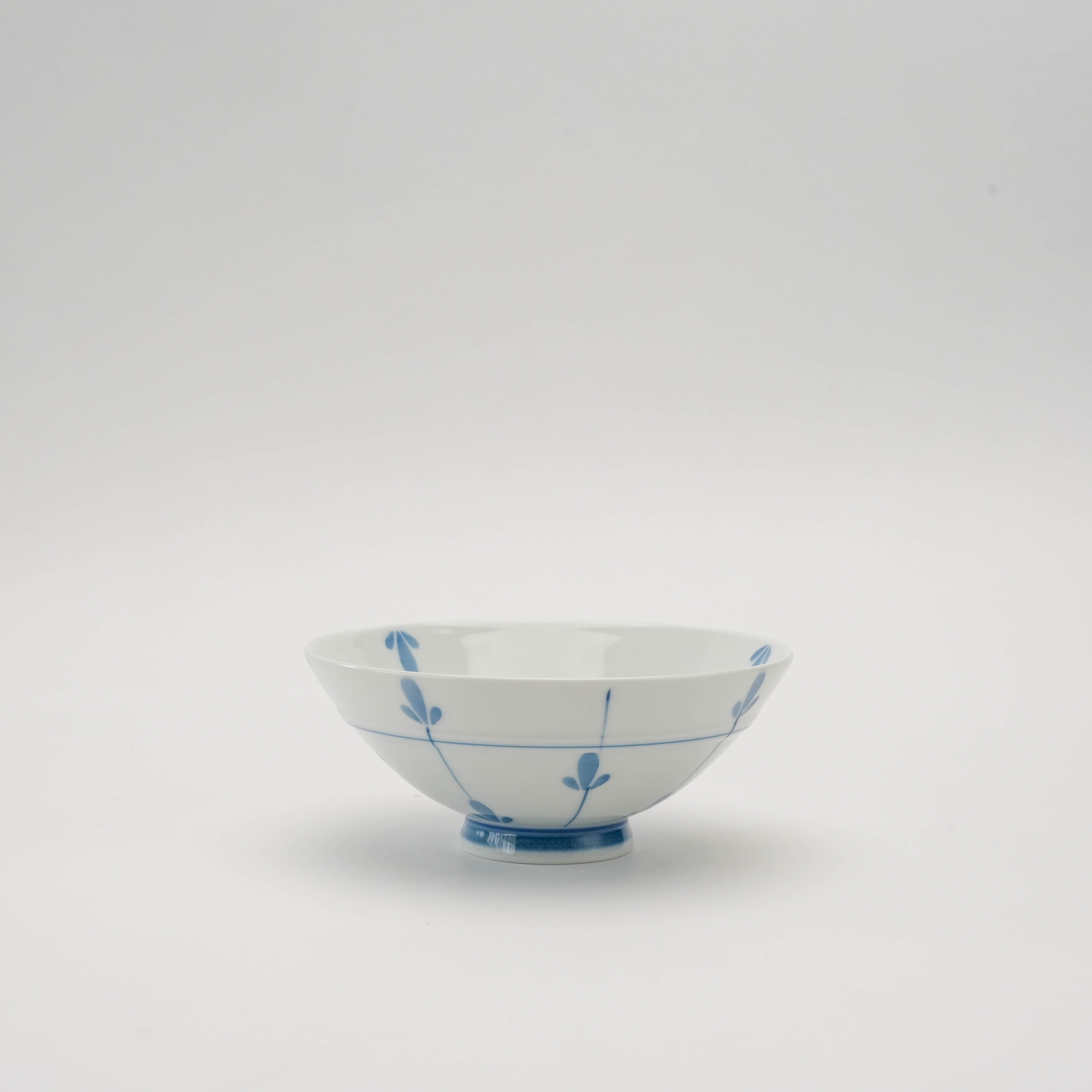 Arita Ware Rice Bowl - Sprout Design with blue sprout motifs on white porcelain, ideal for serving rice or small dishes in modern kitchens.