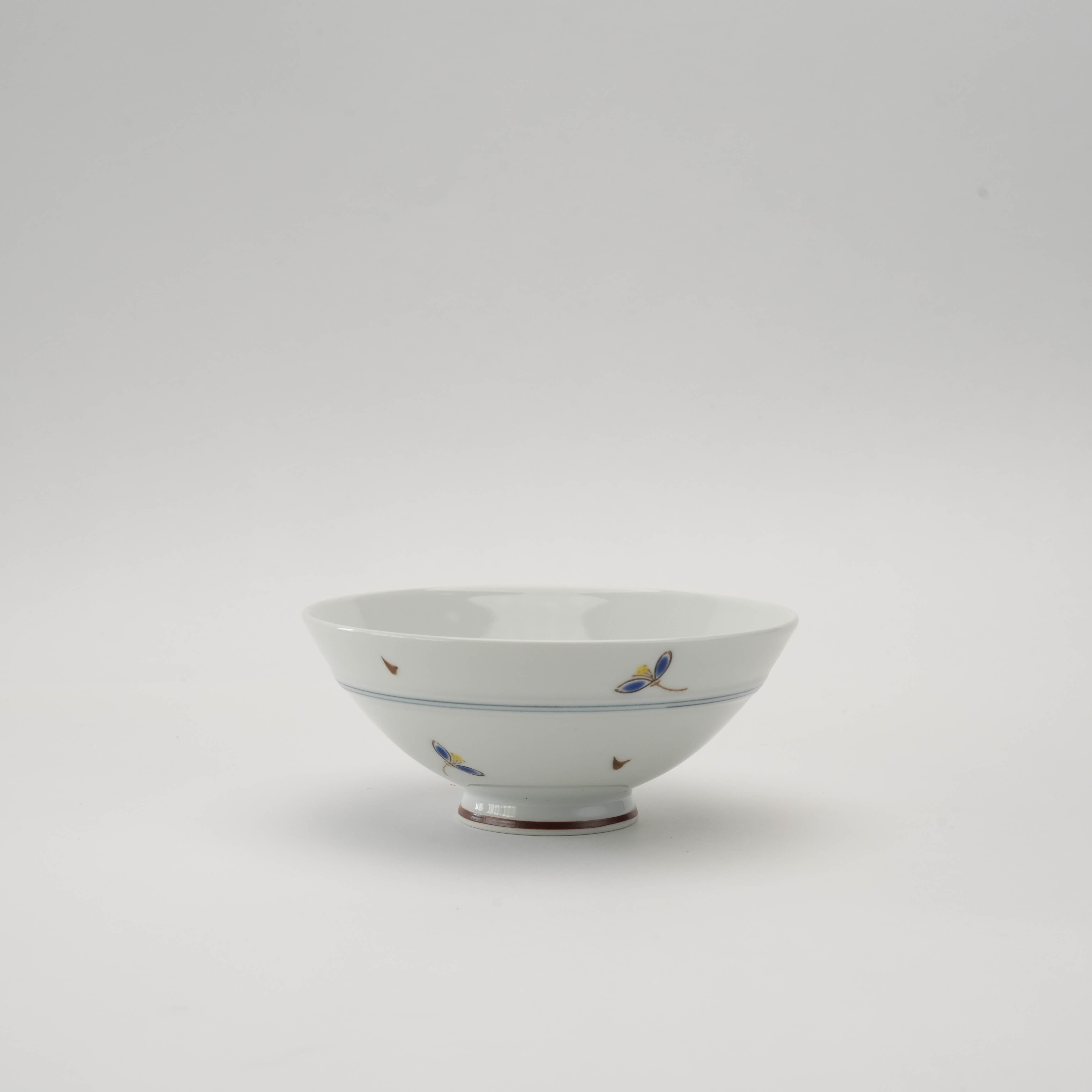 Arita Ware Akane Grass Rice Bowl with hand-painted blue floral motifs on white porcelain, 12.7cm wide, ideal for rice or light dishes.