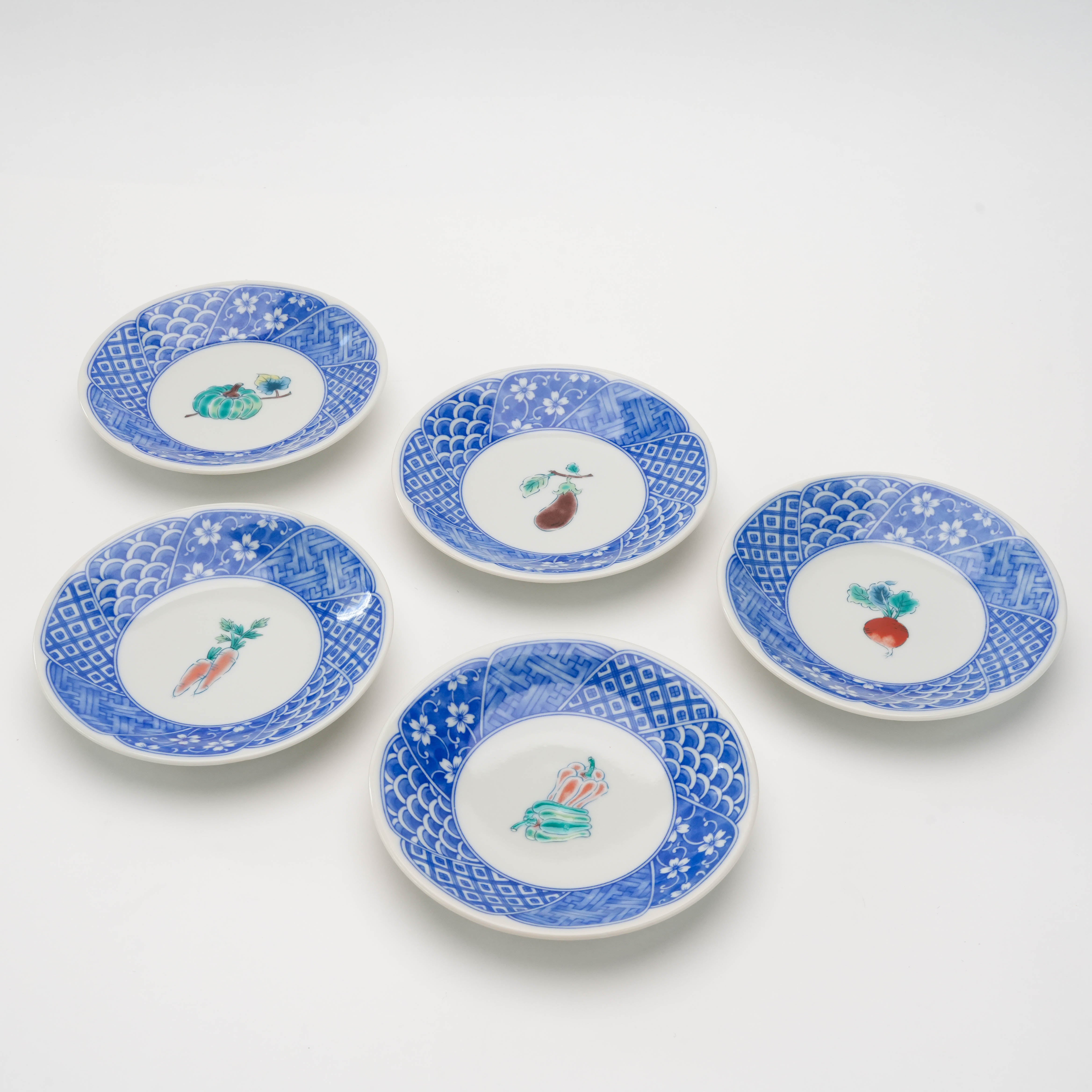 Kutani Ware Veggie Plate Set - Small Plate Set of 5 with blue rims and hand-painted vegetables, ideal for appetizers or desserts.