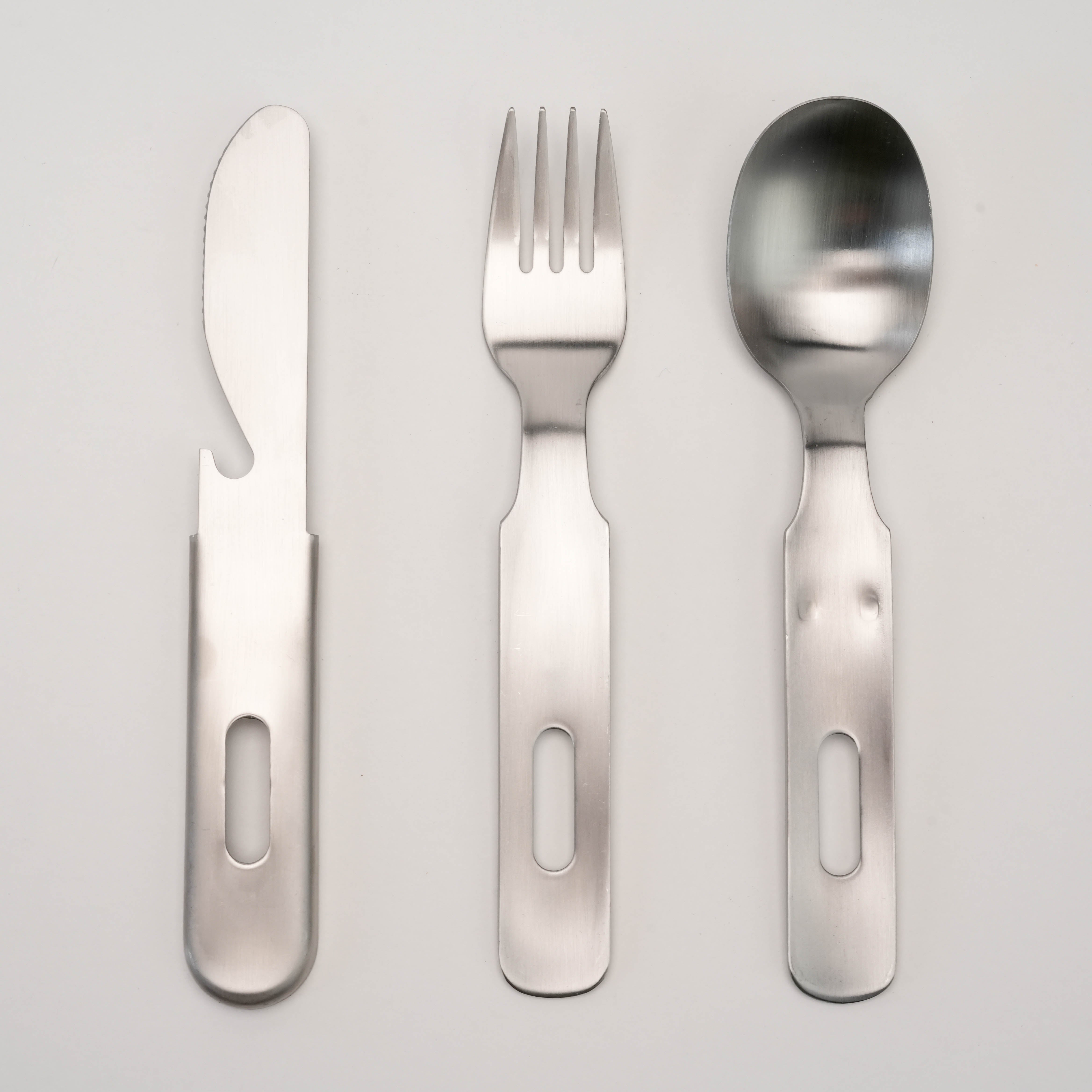 Tsubamesanjo Camp Cutlery SFK Set - individual stainless steel fork, knife, and spoon with minimalist Japanese design.