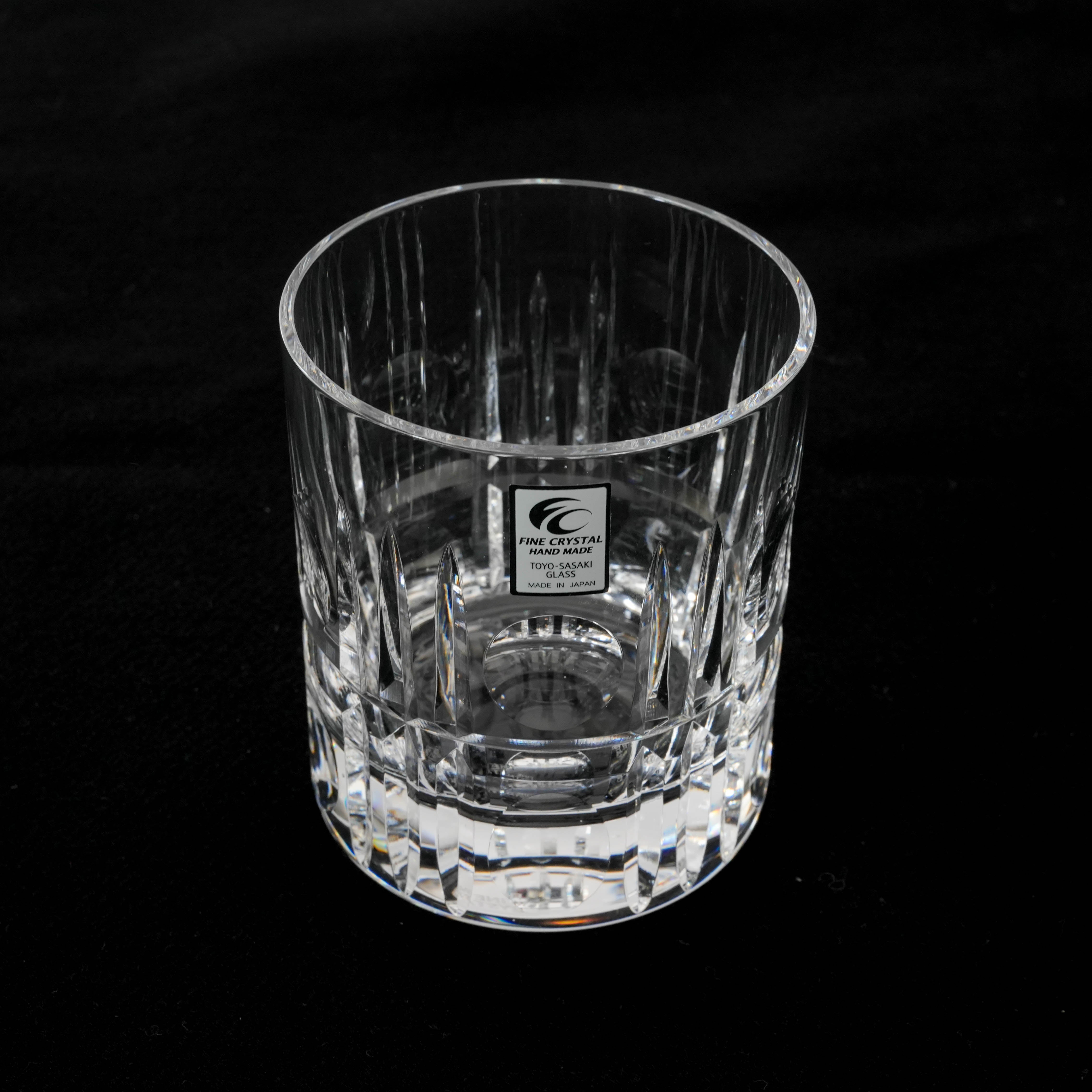 Toyo-Sasaki Fine Crystal Whiskey Glass - Spear shown on black background, highlighting its dishwasher-safe, eco-friendly cut crystal craftsmanship.