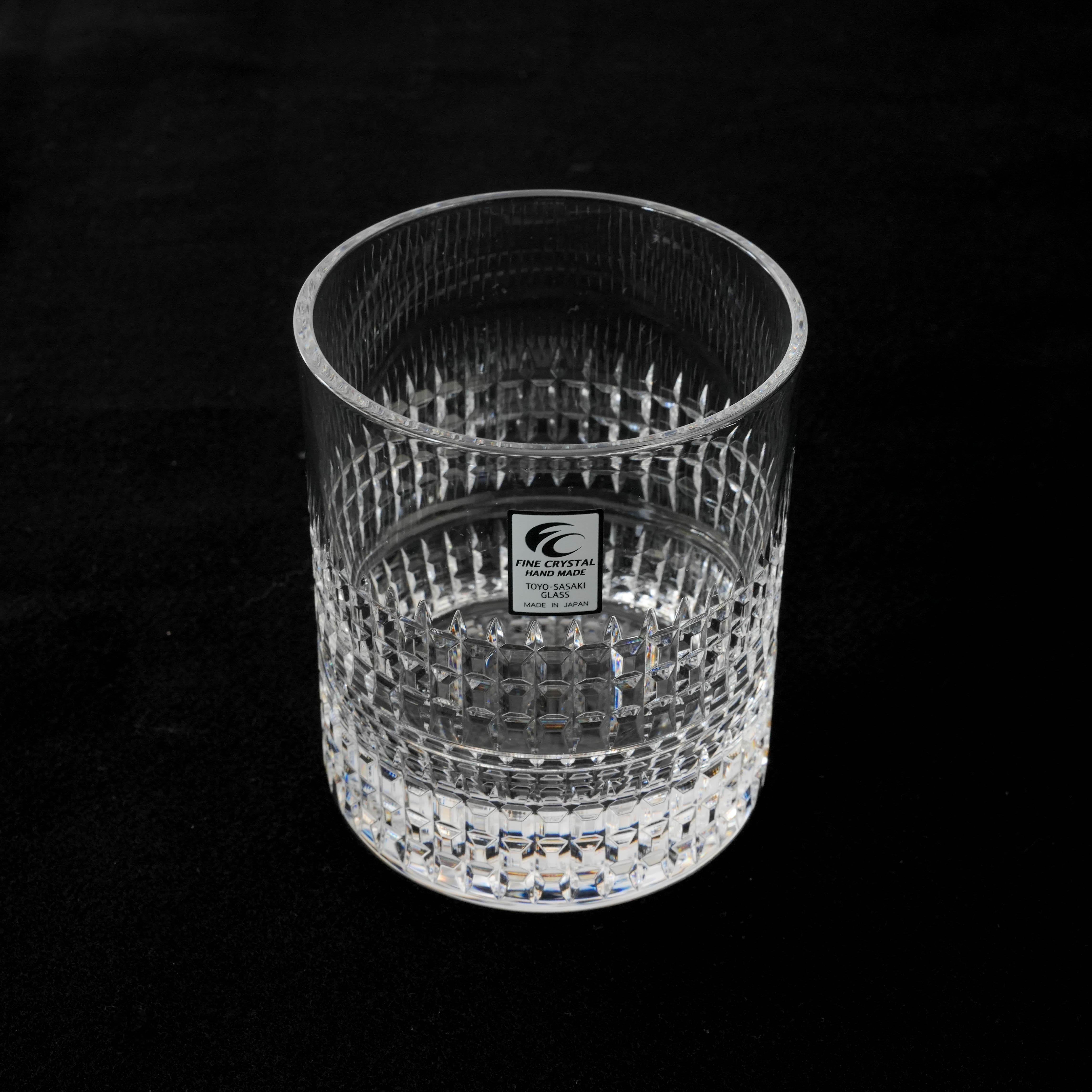 Top view of Toyo-Sasaki Fine Crystal Cut Variation Whiskey Glass with lattice design, showcasing clarity and craftsmanship for premium drinkware collections.